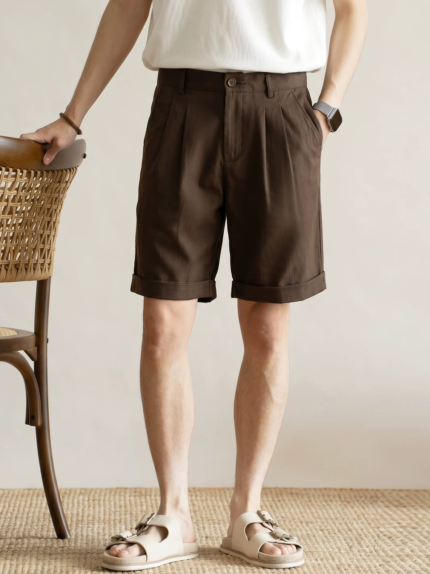 Men's Quiet Luxury Japanese Style 57% Lyocell-Cotton Blend Tailored Bermuda Shorts - BROWN