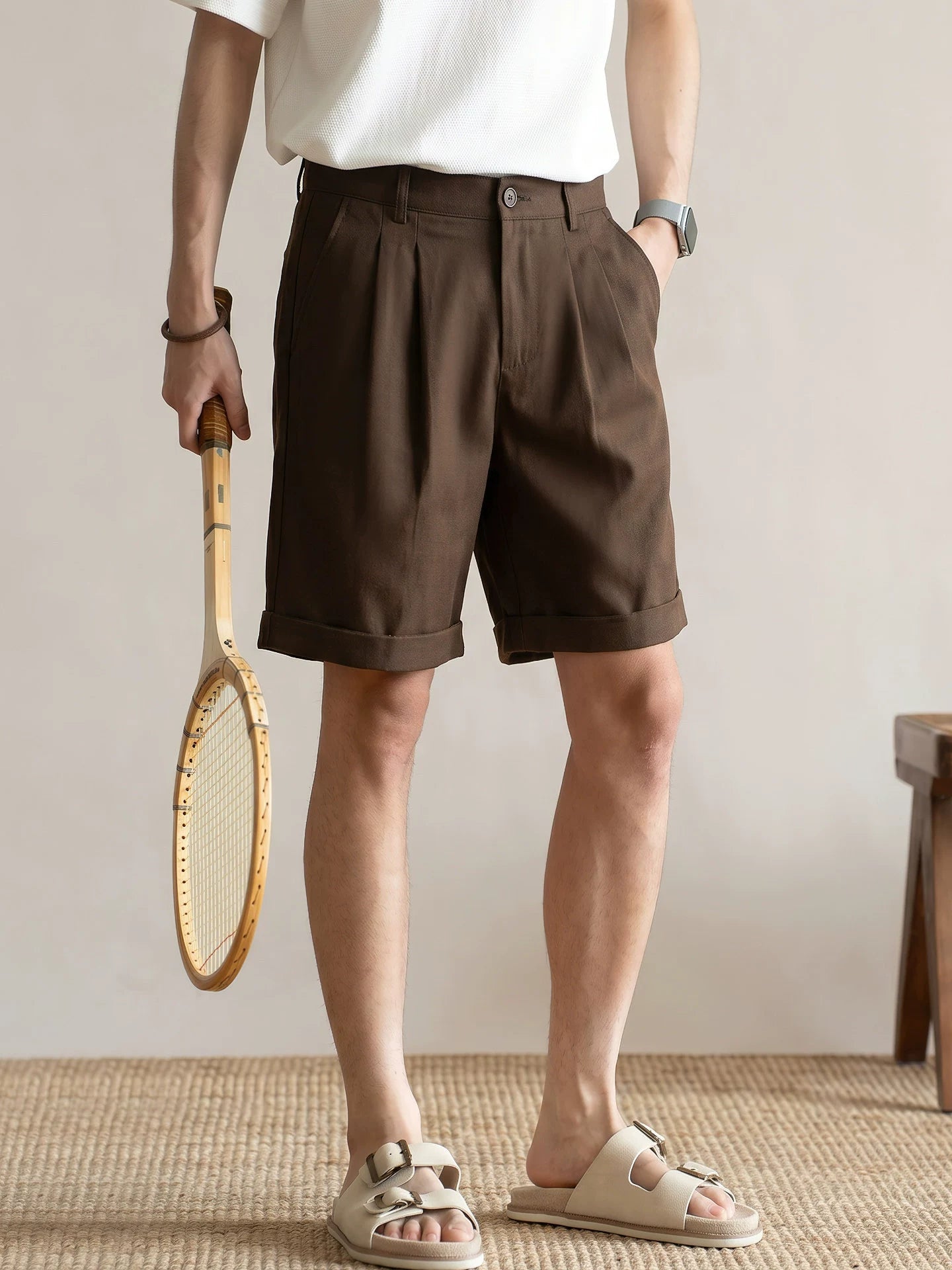 Men's Quiet Luxury Japanese Style 57% Lyocell-Cotton Blend Tailored Bermuda Shorts - BROWN