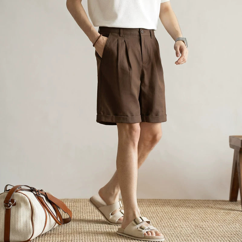 Men's Quiet Luxury Japanese Style 57% Lyocell-Cotton Blend Tailored Bermuda Shorts - BROWN