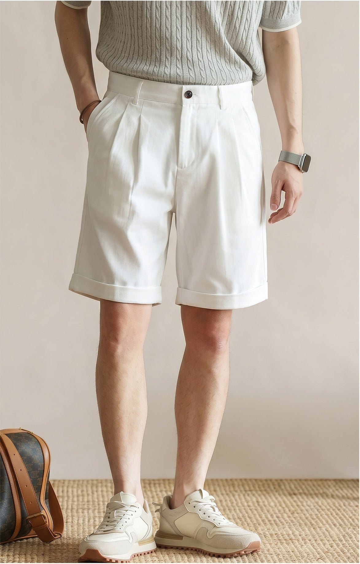 Men's Quiet Luxury Japanese Style 57% Lyocell-Cotton Blend Tailored Bermuda Shorts - WHITE