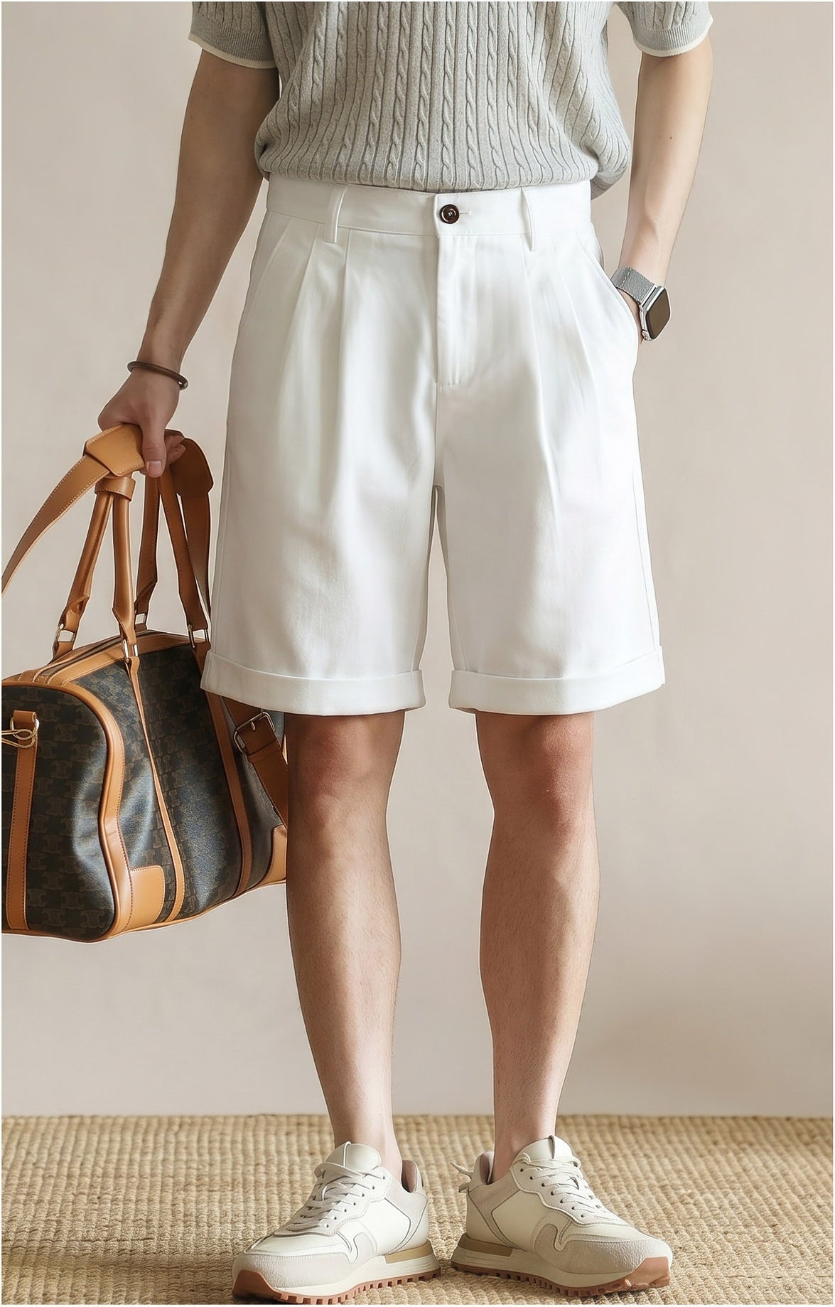 Men's Quiet Luxury Japanese Style 57% Lyocell-Cotton Blend Tailored Bermuda Shorts - WHITE