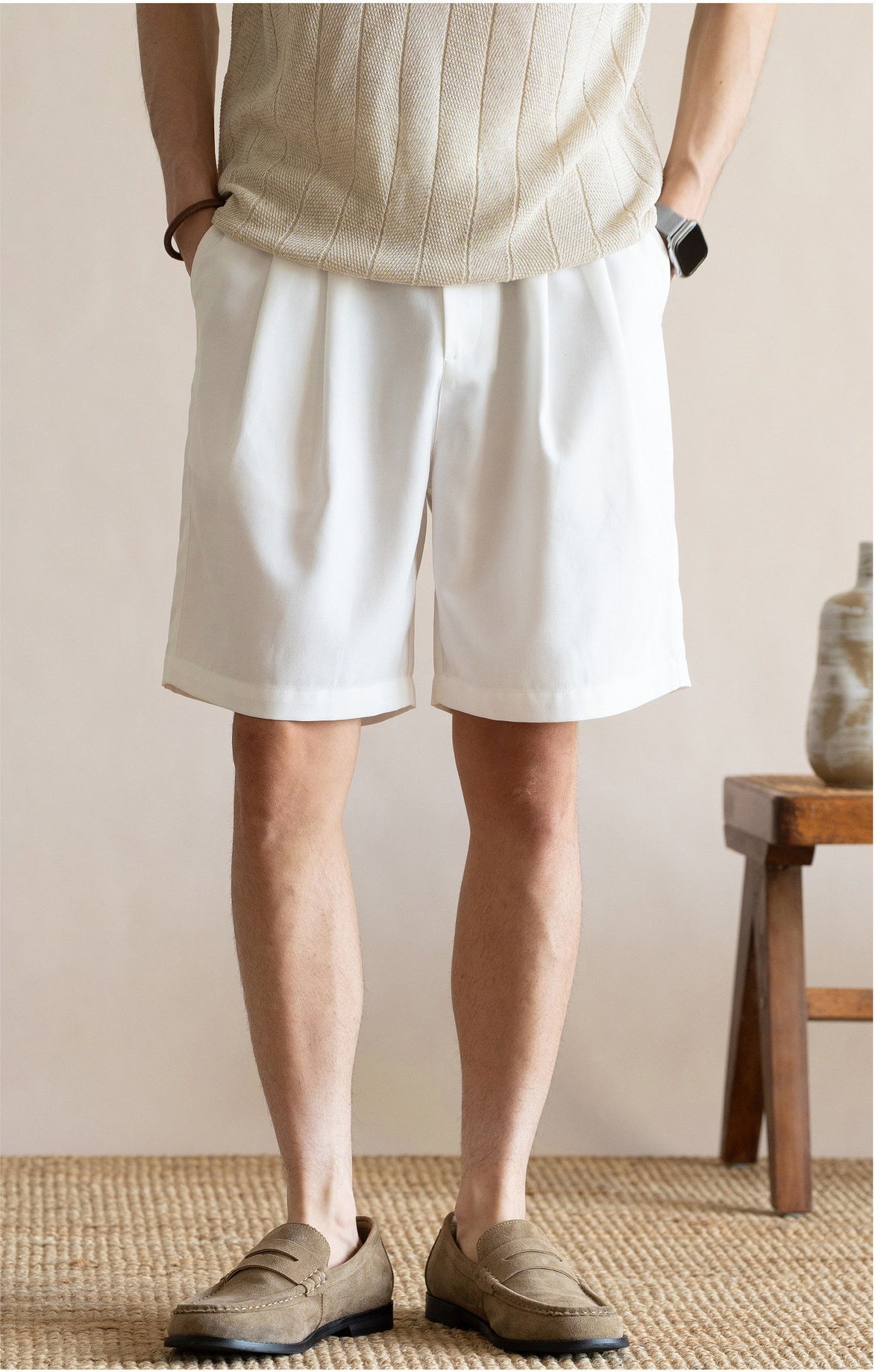 Men's Korean Minimalist Breathable Linen-Blend Double-Pleat Shorts  - OFFWHITE