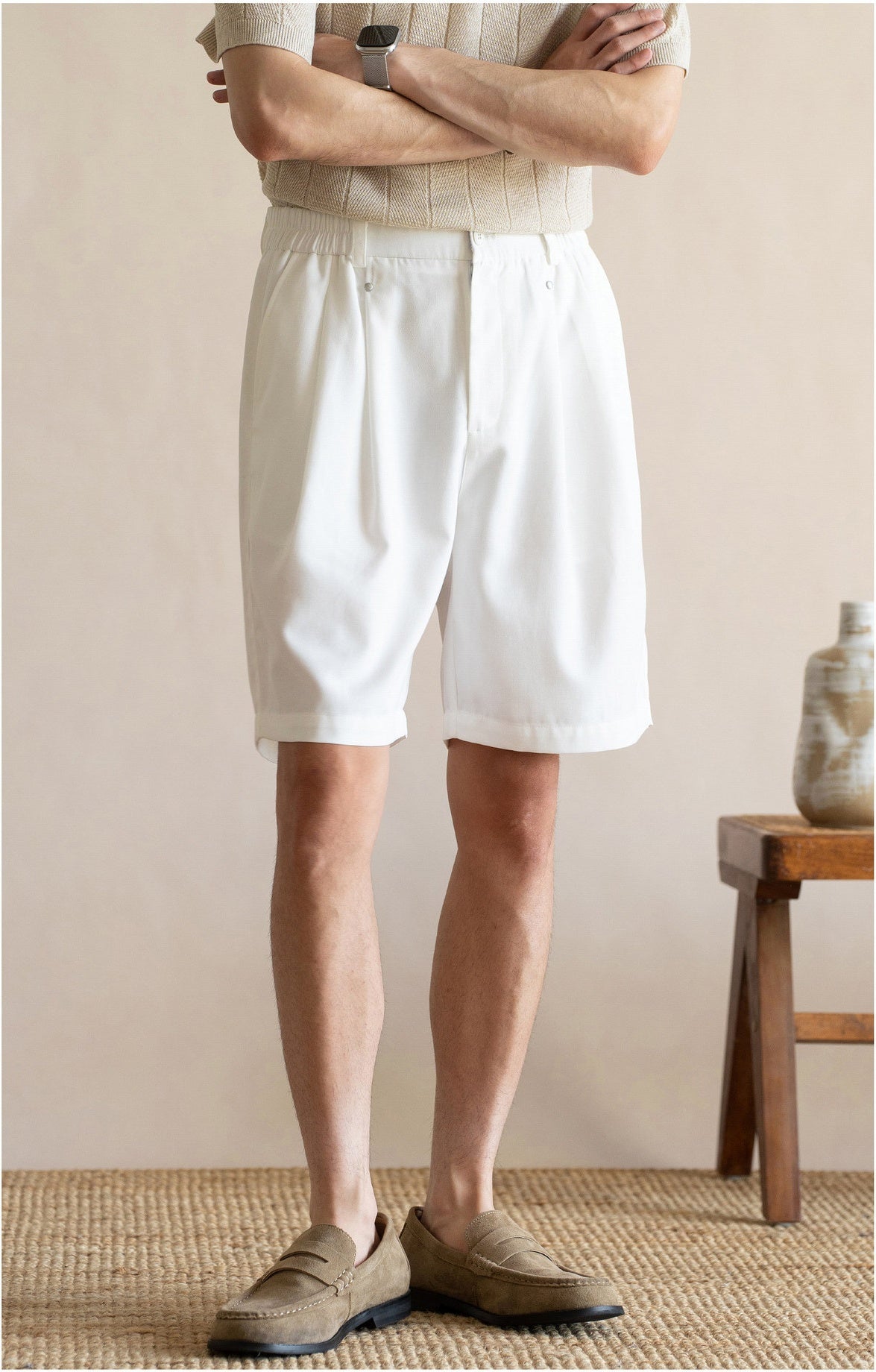 Men's Korean Minimalist Breathable Linen-Blend Double-Pleat Shorts  - OFFWHITE