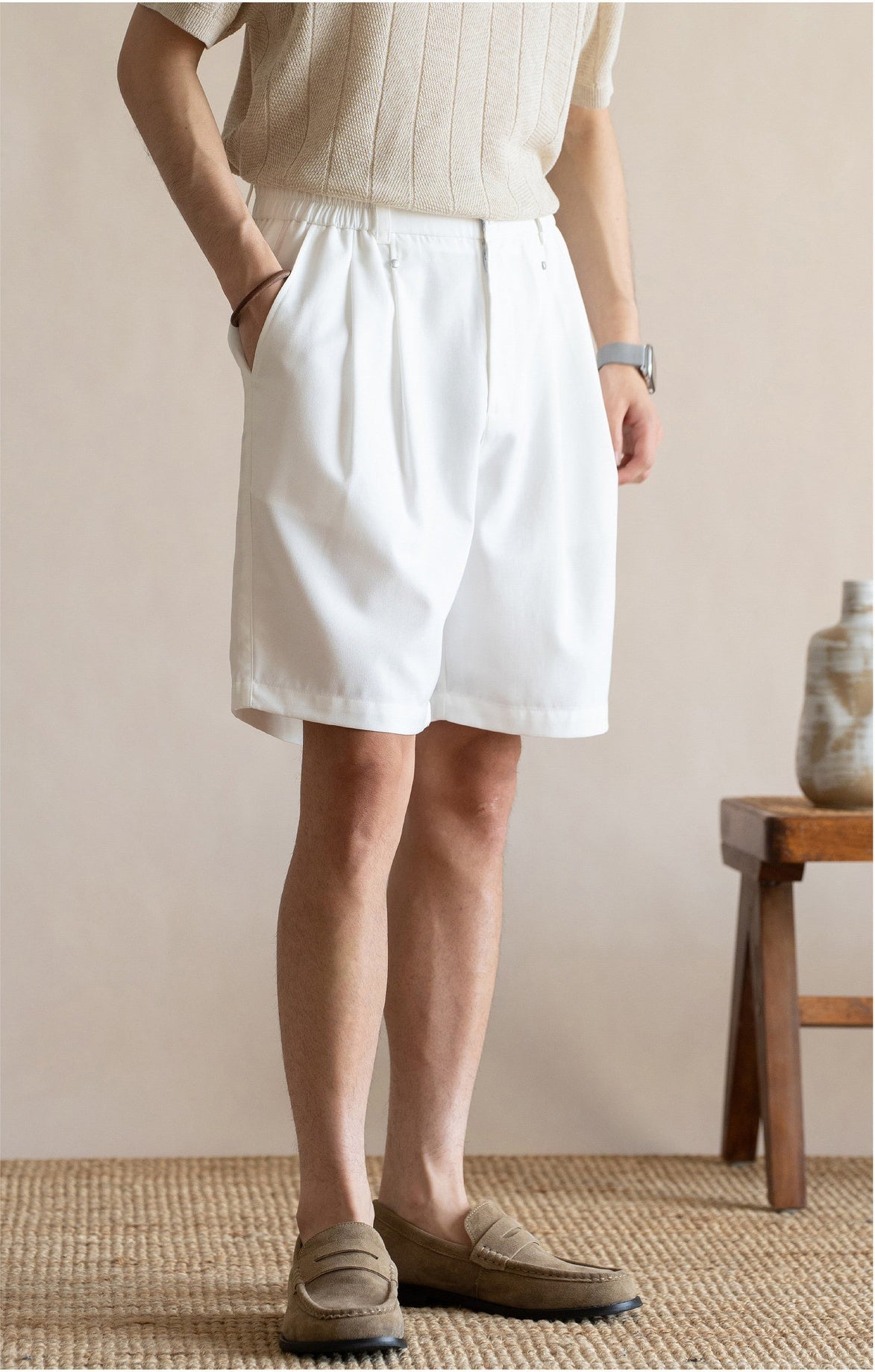Men's Korean Minimalist Breathable Linen-Blend Double-Pleat Shorts  - OFFWHITE