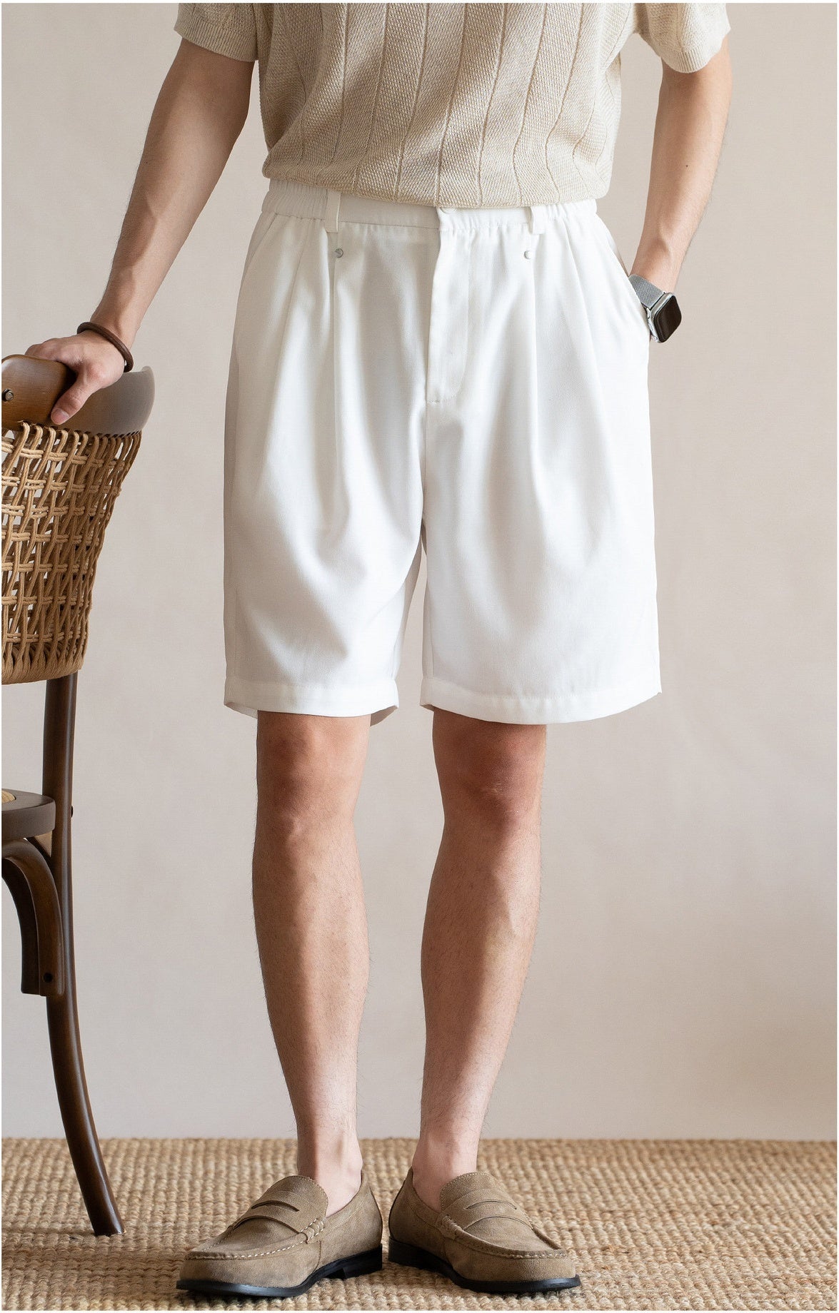 Men's Korean Minimalist Breathable Linen-Blend Double-Pleat Shorts  - OFFWHITE