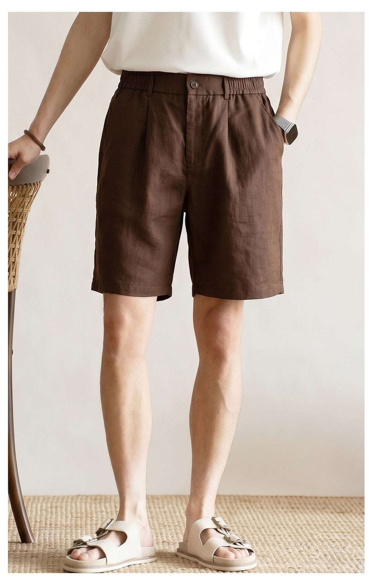 Men's 100% Pure Linen Single-Pleat Elastic Waist Shorts - BROWN
