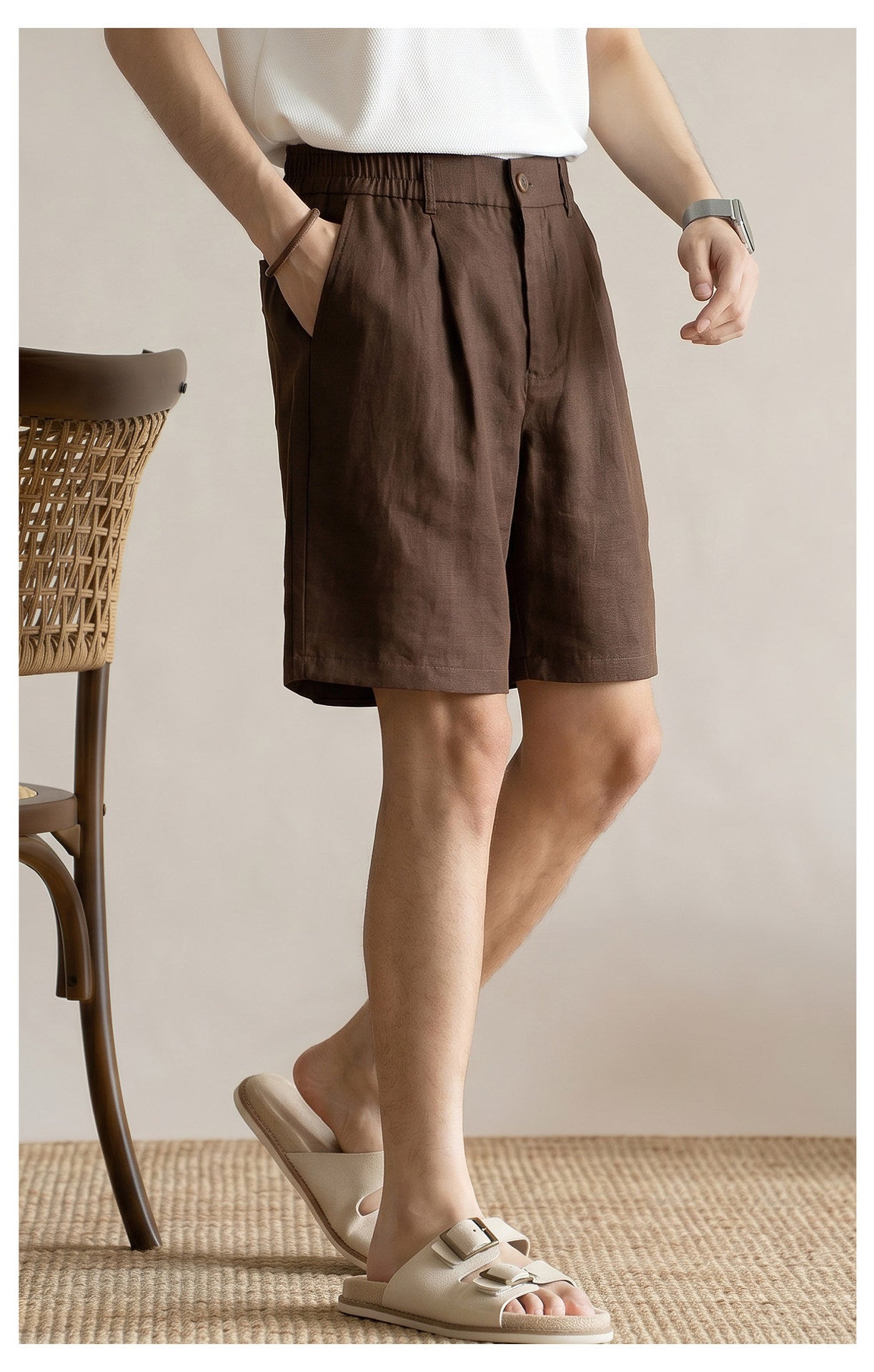Men's 100% Pure Linen Single-Pleat Elastic Waist Shorts - BROWN