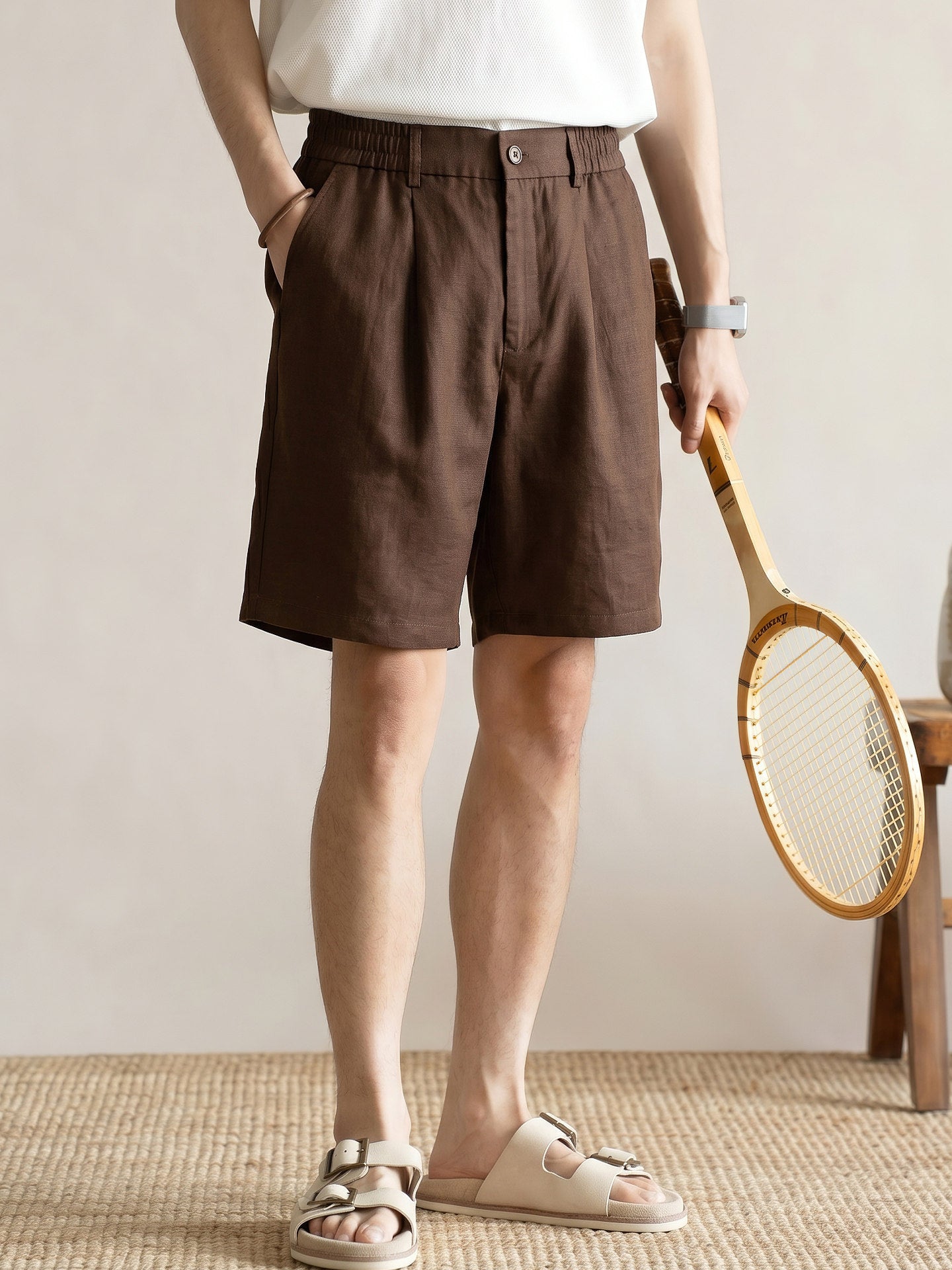 Men's 100% Pure Linen Single-Pleat Elastic Waist Shorts - BROWN
