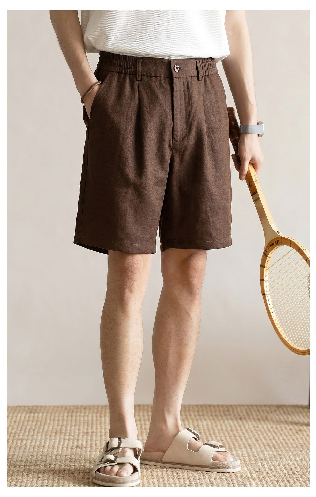 Men's 100% Pure Linen Single-Pleat Elastic Waist Shorts - BROWN