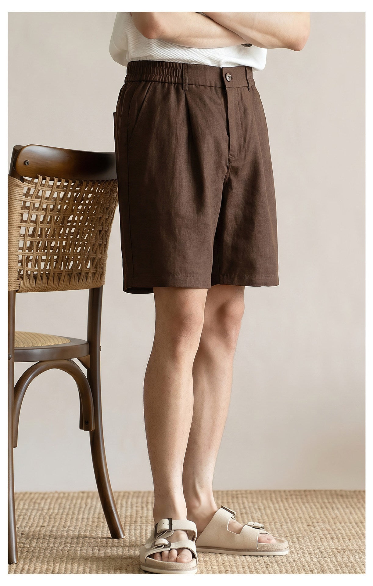 Men's 100% Pure Linen Single-Pleat Elastic Waist Shorts - BROWN