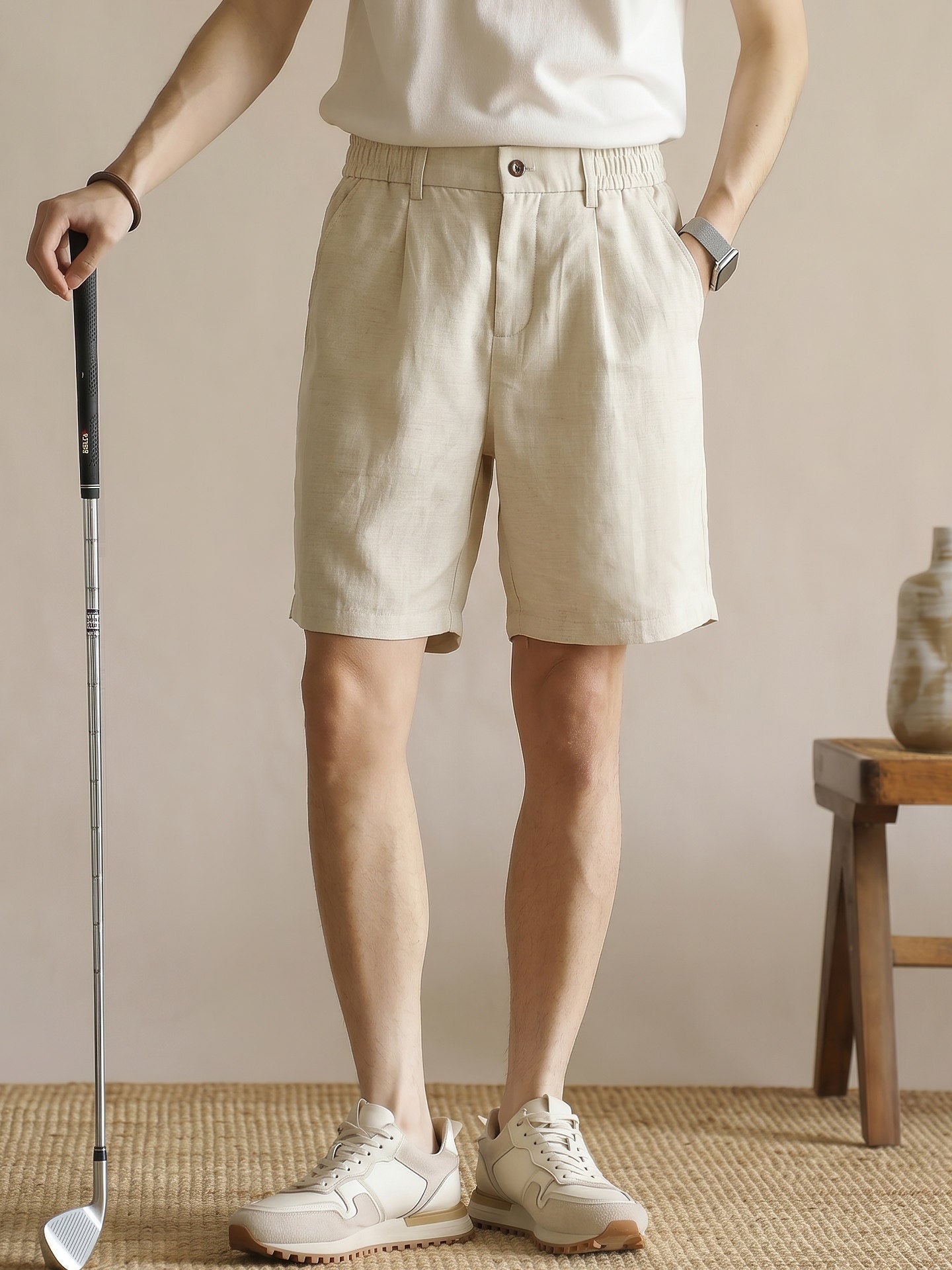 Men's 100% Pure Linen Single-Pleat Elastic Waist Shorts - HEMP