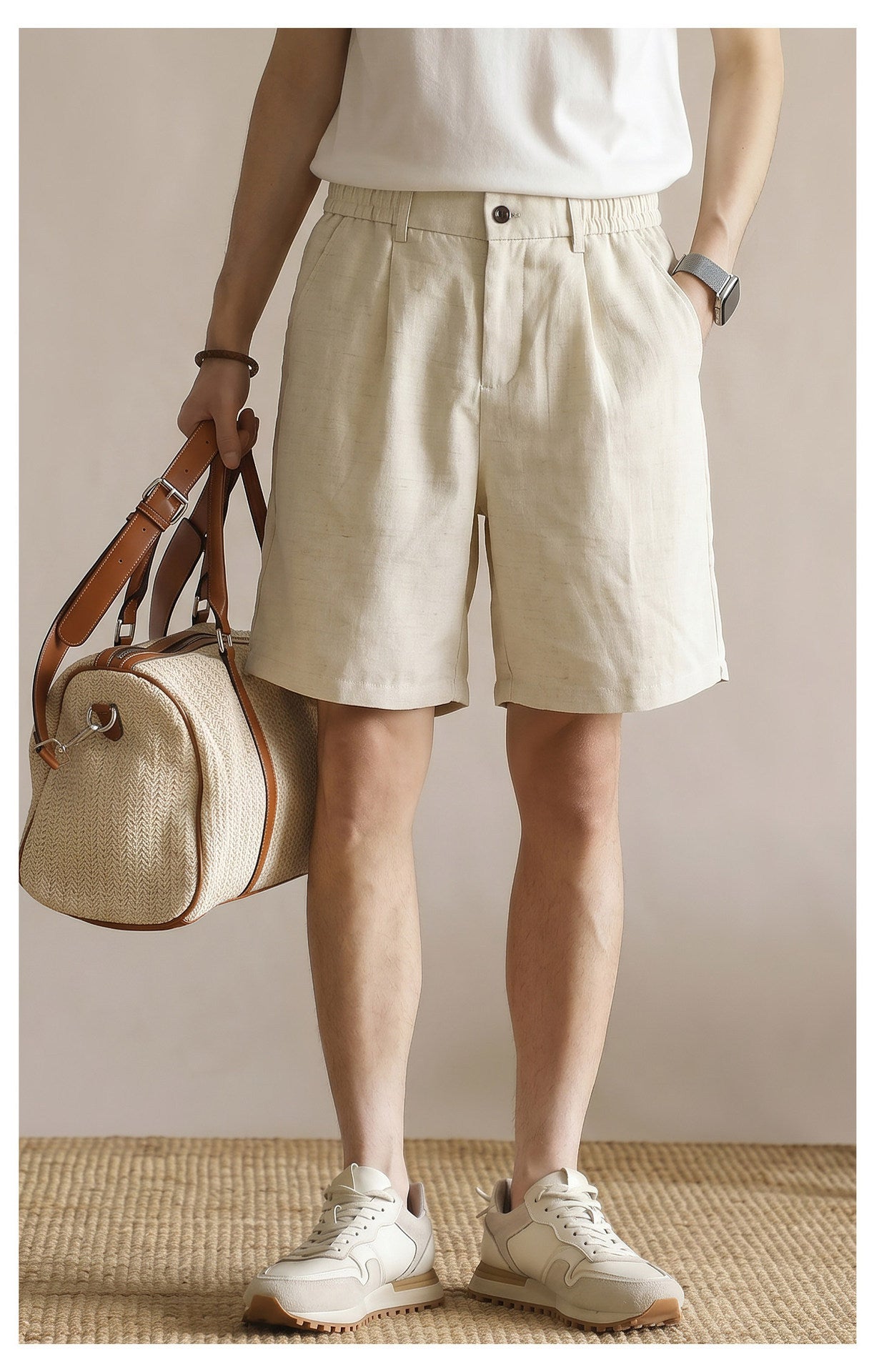 Men's 100% Pure Linen Single-Pleat Elastic Waist Shorts - HEMP