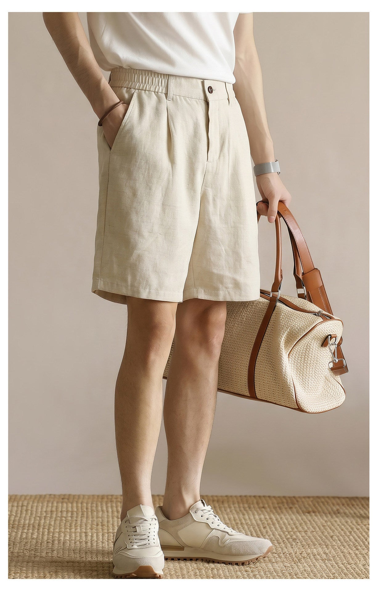 Men's 100% Pure Linen Single-Pleat Elastic Waist Shorts - HEMP