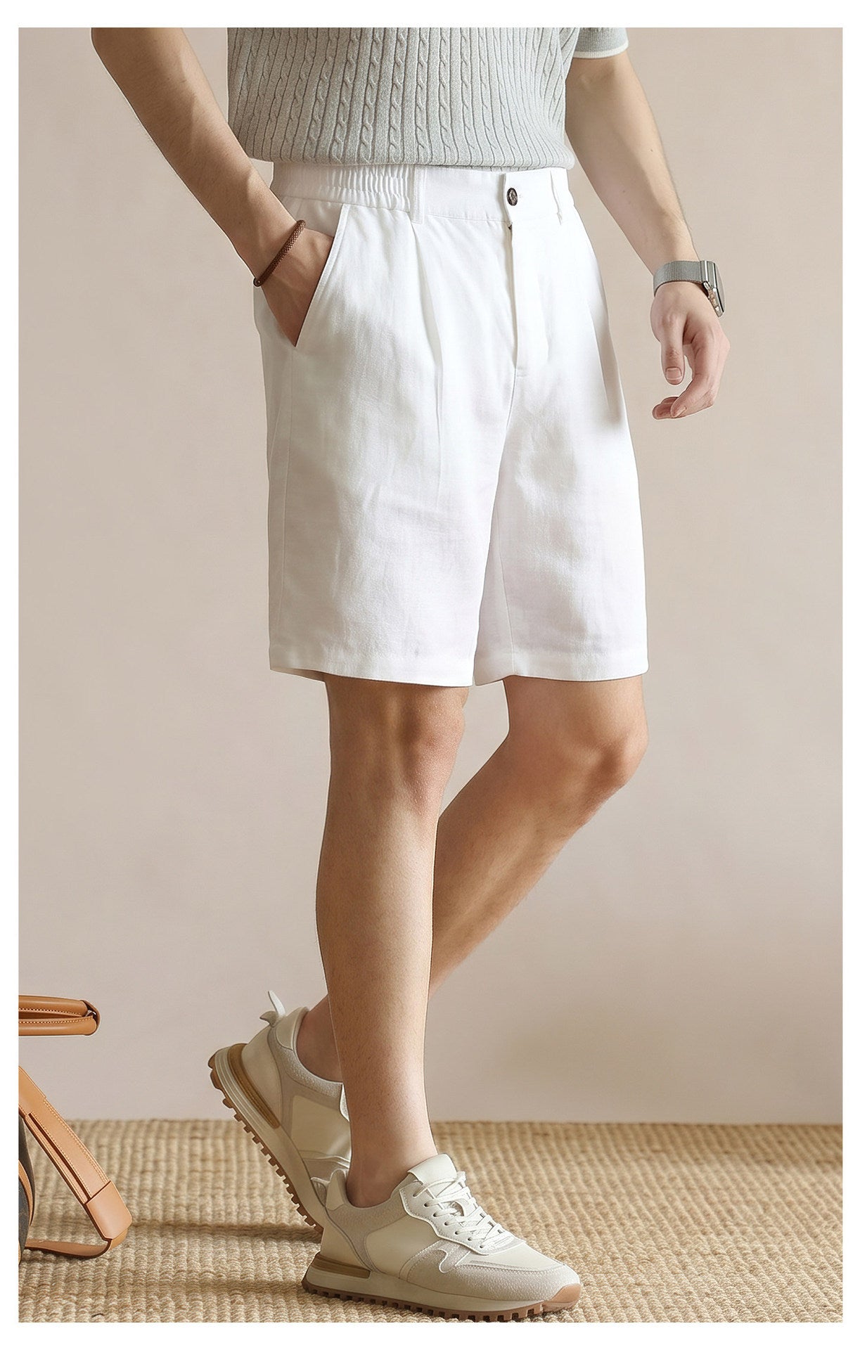 Men's 100% Pure Linen Single-Pleat Elastic Waist Shorts - APRICOT
