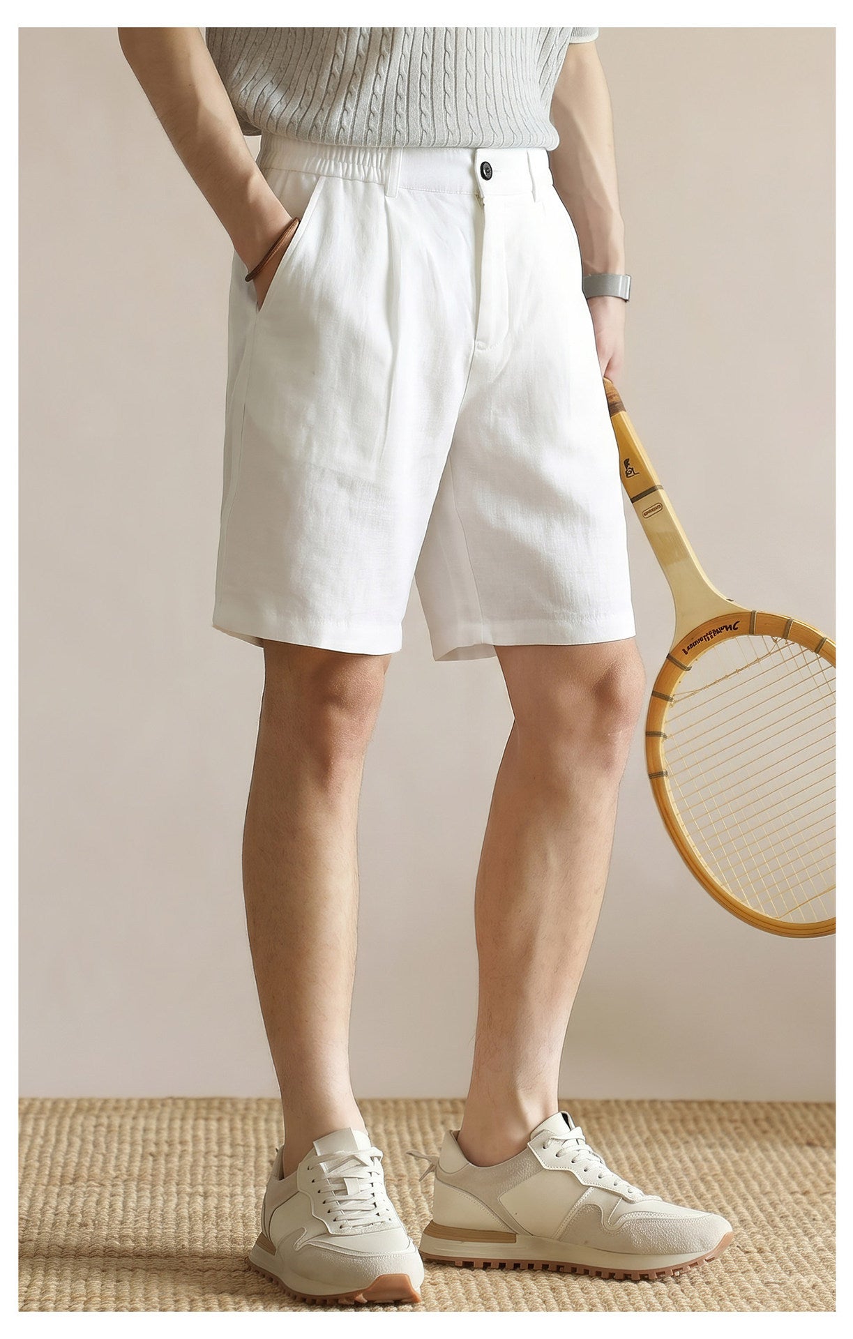 Men's 100% Pure Linen Single-Pleat Elastic Waist Shorts - APRICOT