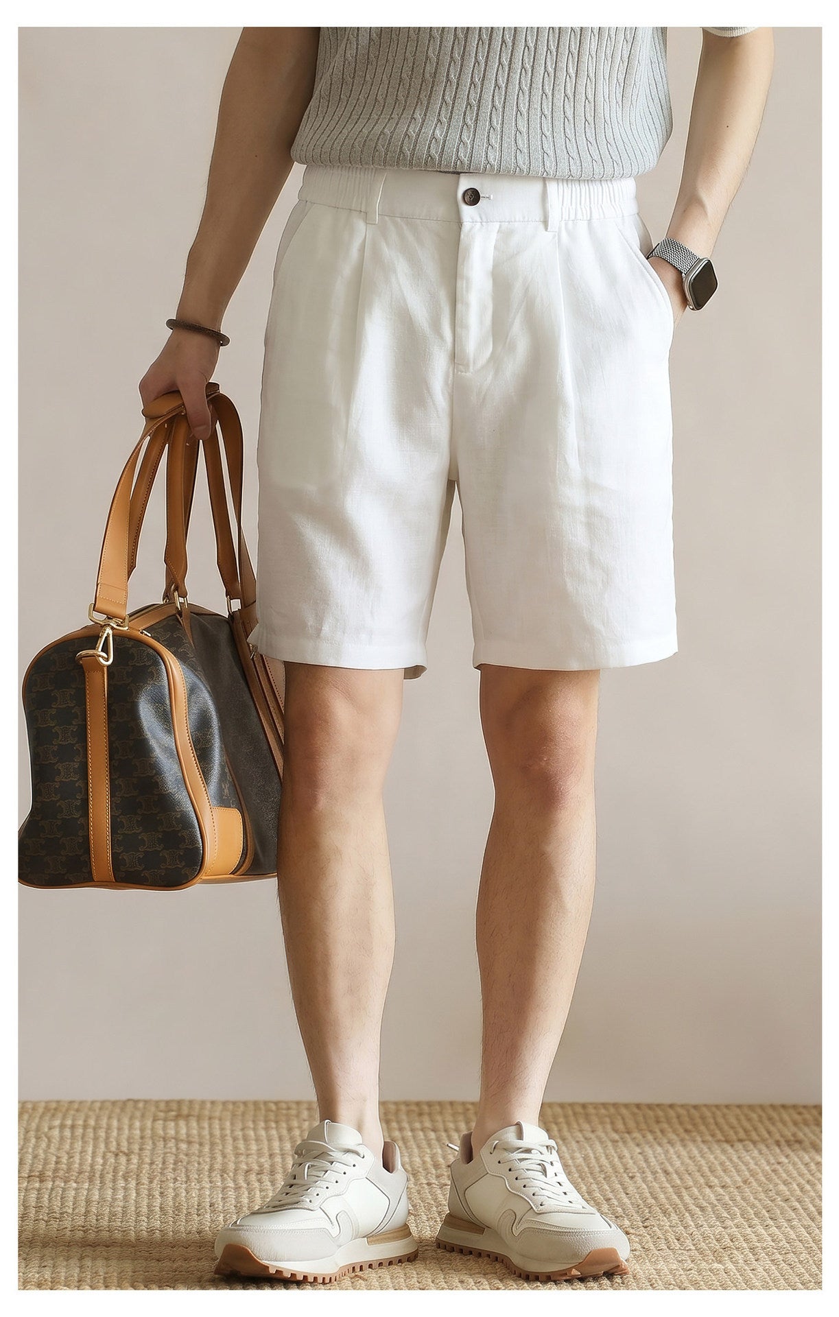 Men's 100% Pure Linen Single-Pleat Elastic Waist Shorts - APRICOT