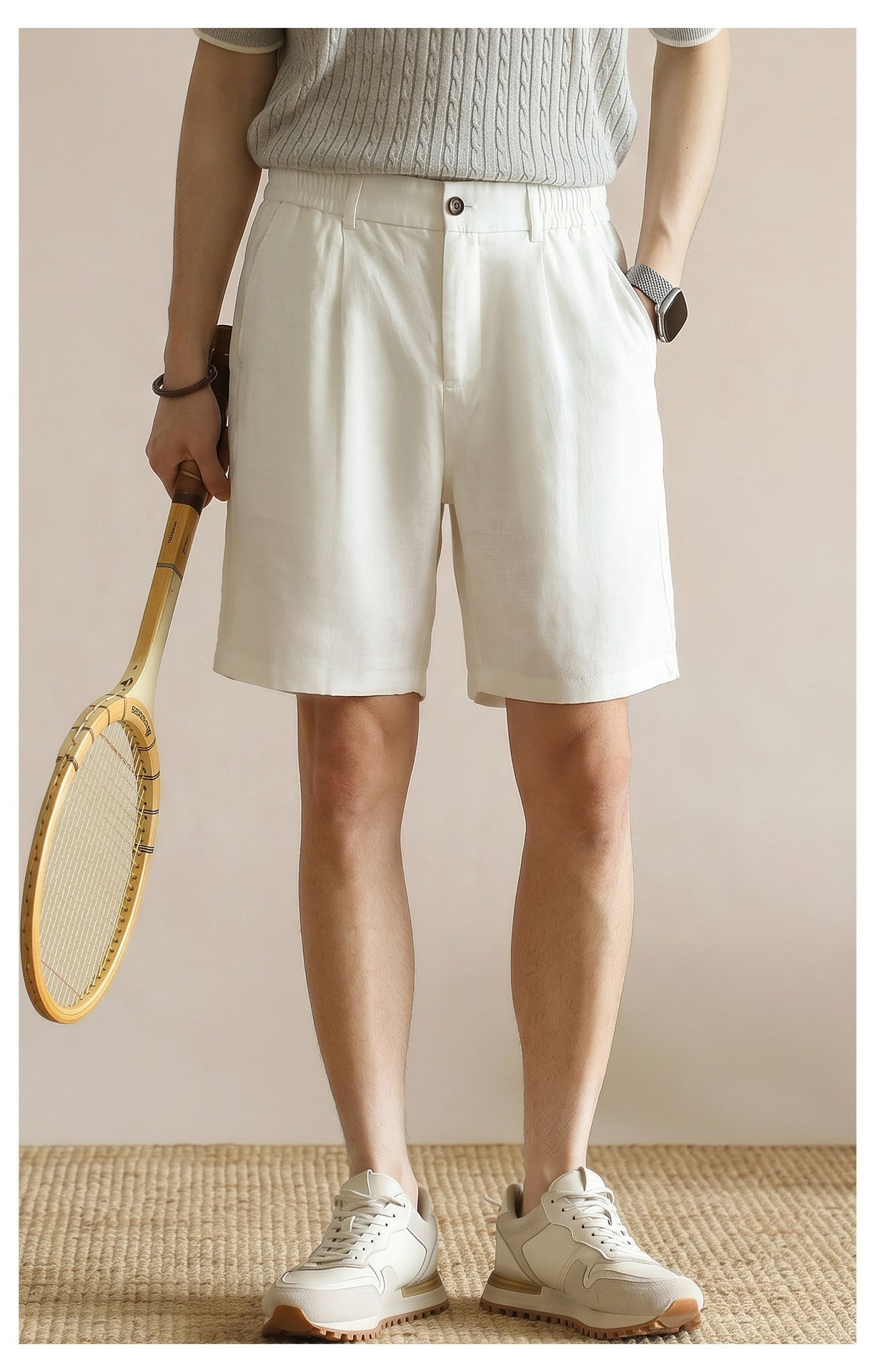 Men's 100% Pure Linen Single-Pleat Elastic Waist Shorts - APRICOT