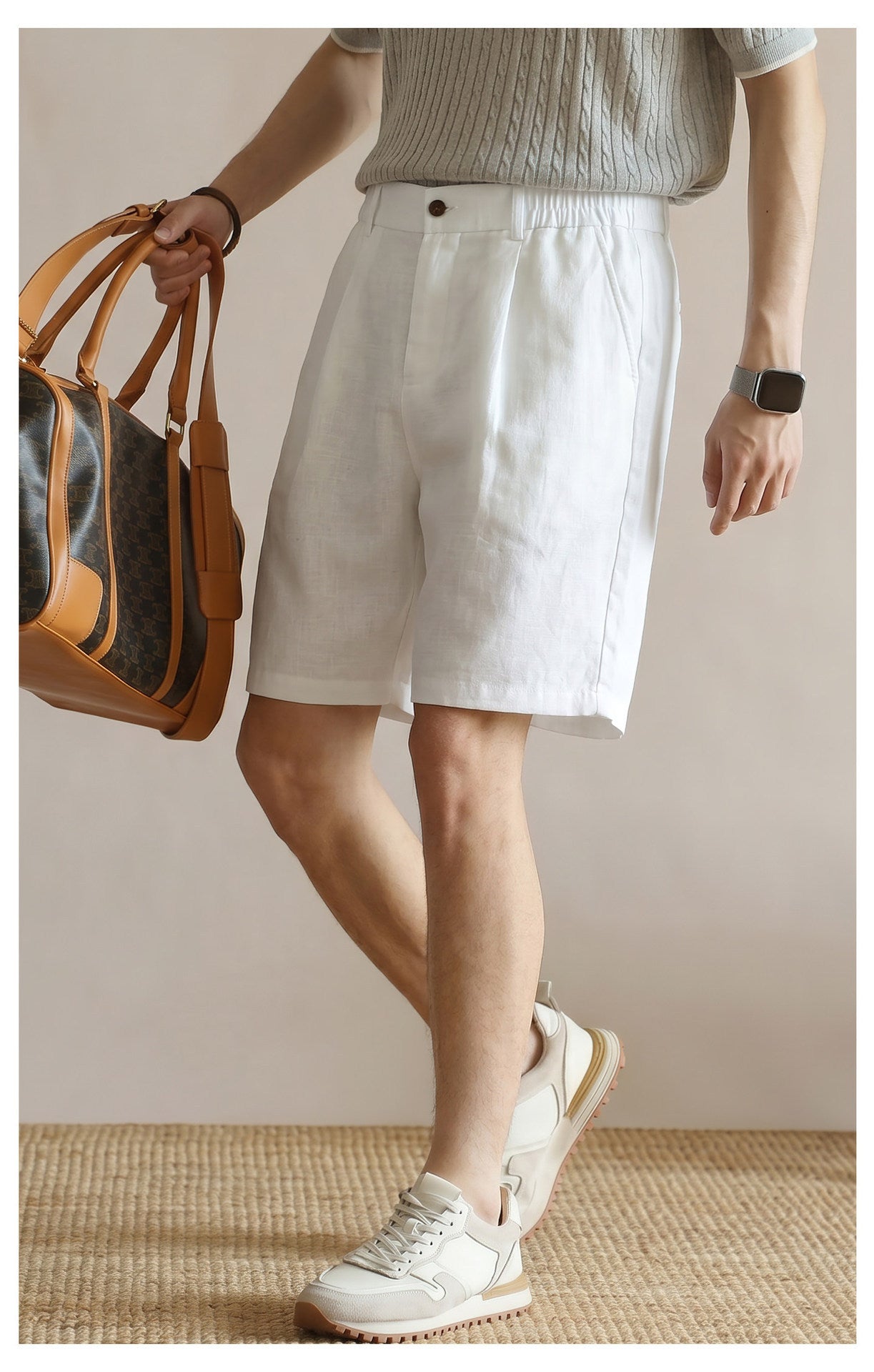 Men's 100% Pure Linen Single-Pleat Elastic Waist Shorts - APRICOT