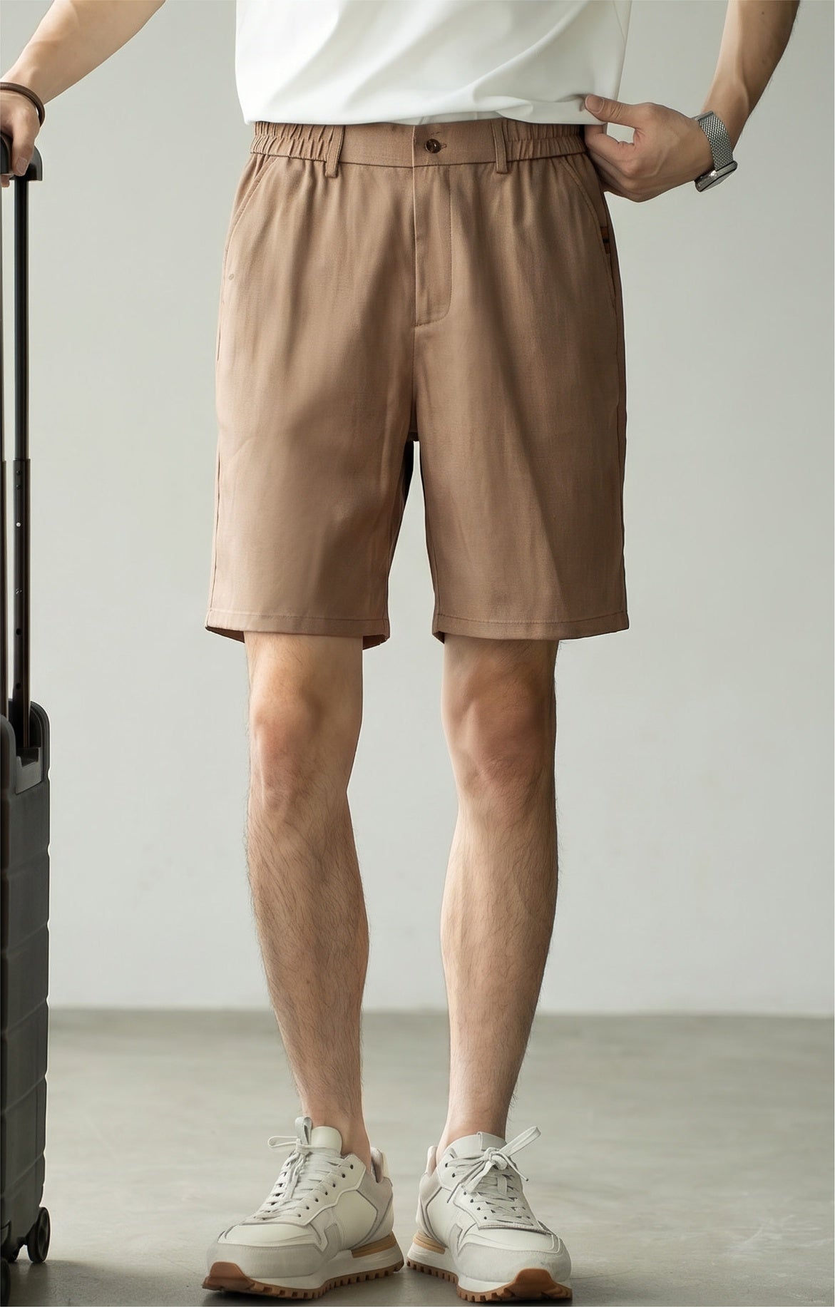 Men's Korean Minimalist High-Drape 92% Lyocell Shorts - Elastic Waist - KHAKI