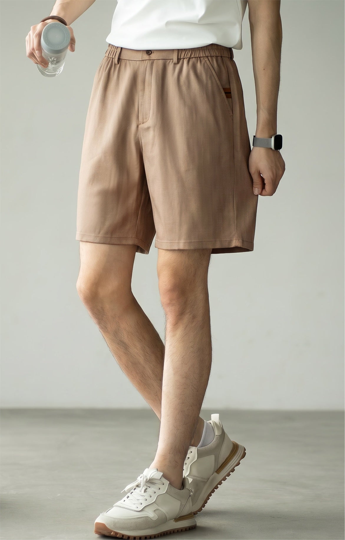 Men's Korean Minimalist High-Drape 92% Lyocell Shorts - Elastic Waist - KHAKI