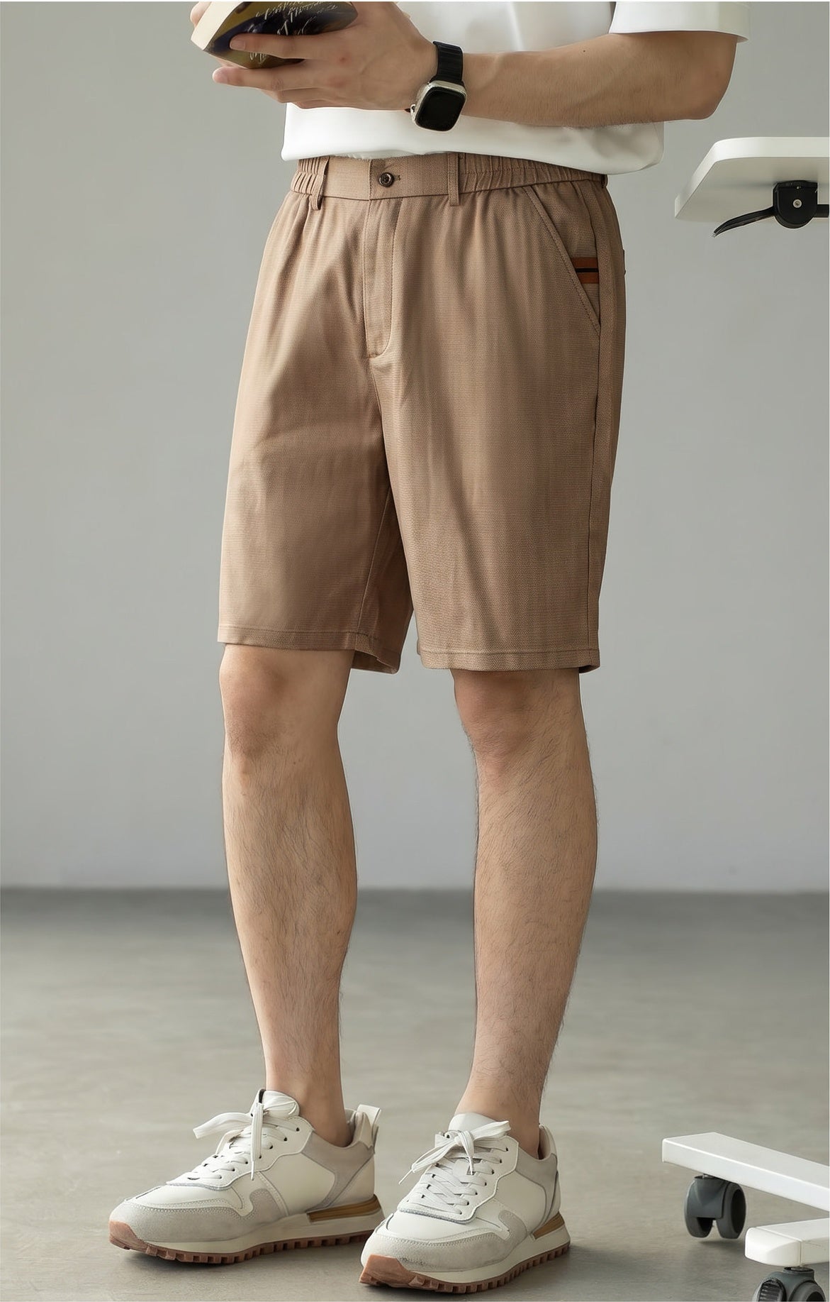 Men's Korean Minimalist High-Drape 92% Lyocell Shorts - Elastic Waist - KHAKI