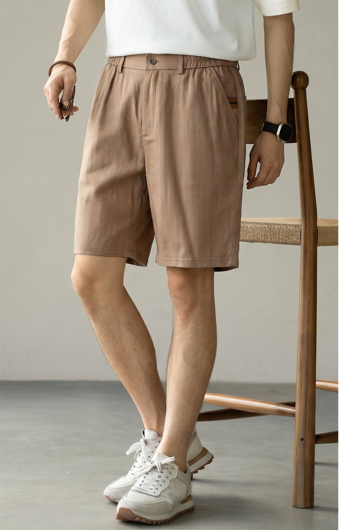 Men's Korean Minimalist High-Drape 92% Lyocell Shorts - Elastic Waist - KHAKI