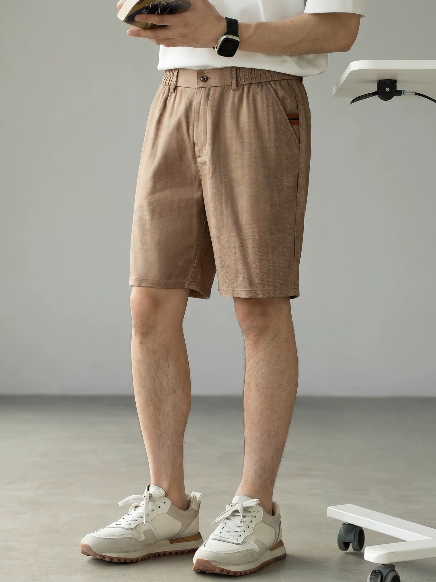 Men's Korean Minimalist High-Drape 92% Lyocell Shorts - Elastic Waist - KHAKI