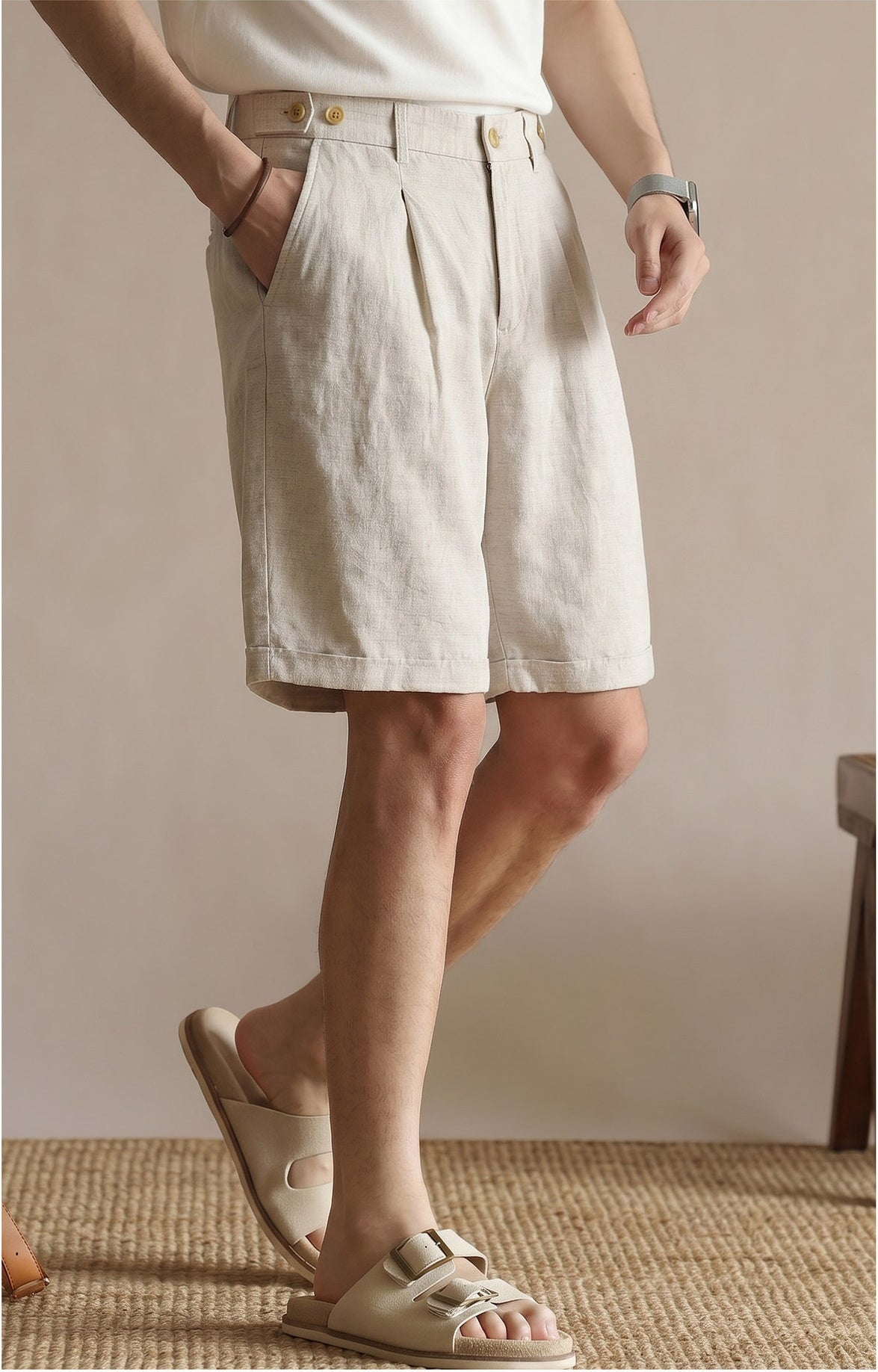 Men's Tailored 57% Lyocell - Linen Double-Pleated Shorts with Adjustable Waist - HEMP