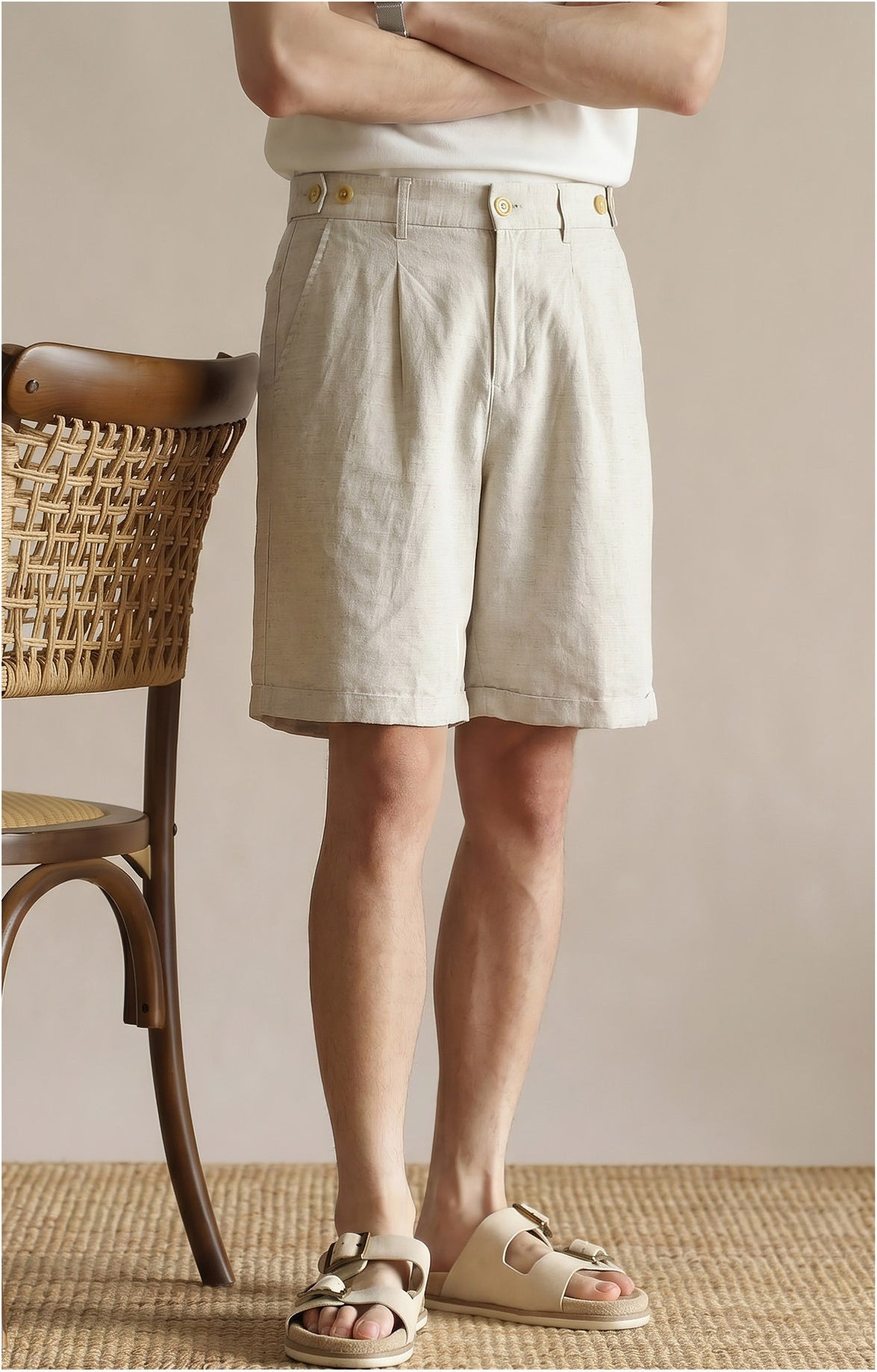 Men's Tailored 57% Lyocell - Linen Double-Pleated Shorts with Adjustable Waist - HEMP