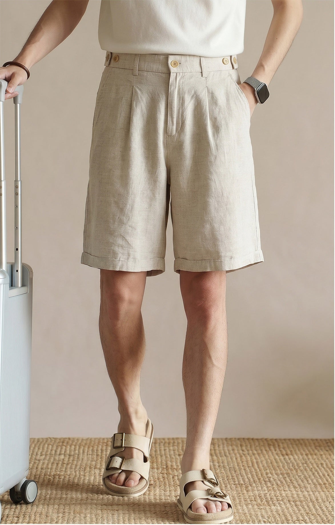 Men's Tailored 57% Lyocell - Linen Double-Pleated Shorts with Adjustable Waist - HEMP