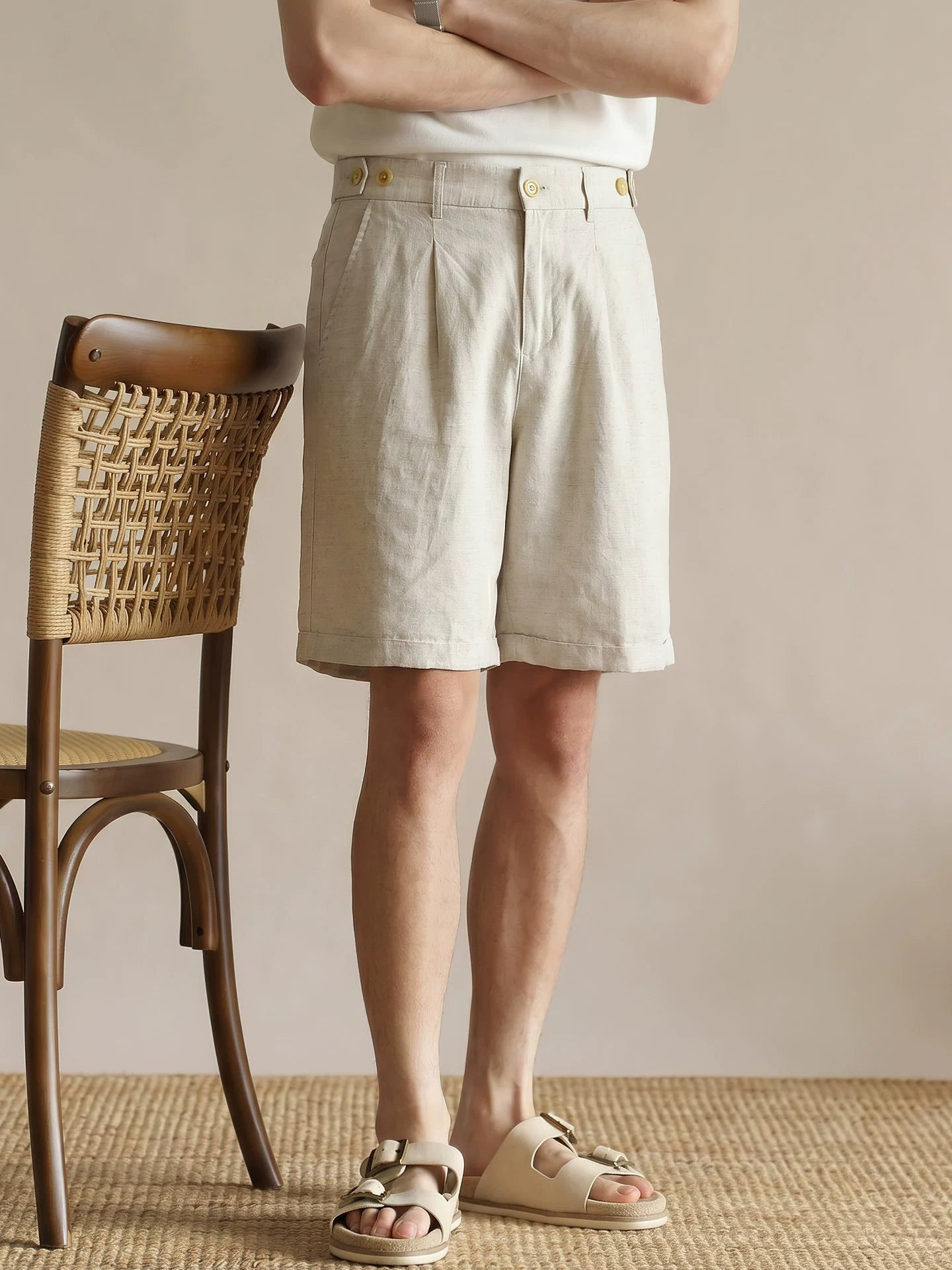 Men's Tailored 57% Lyocell - Linen Double-Pleated Shorts with Adjustable Waist - HEMP