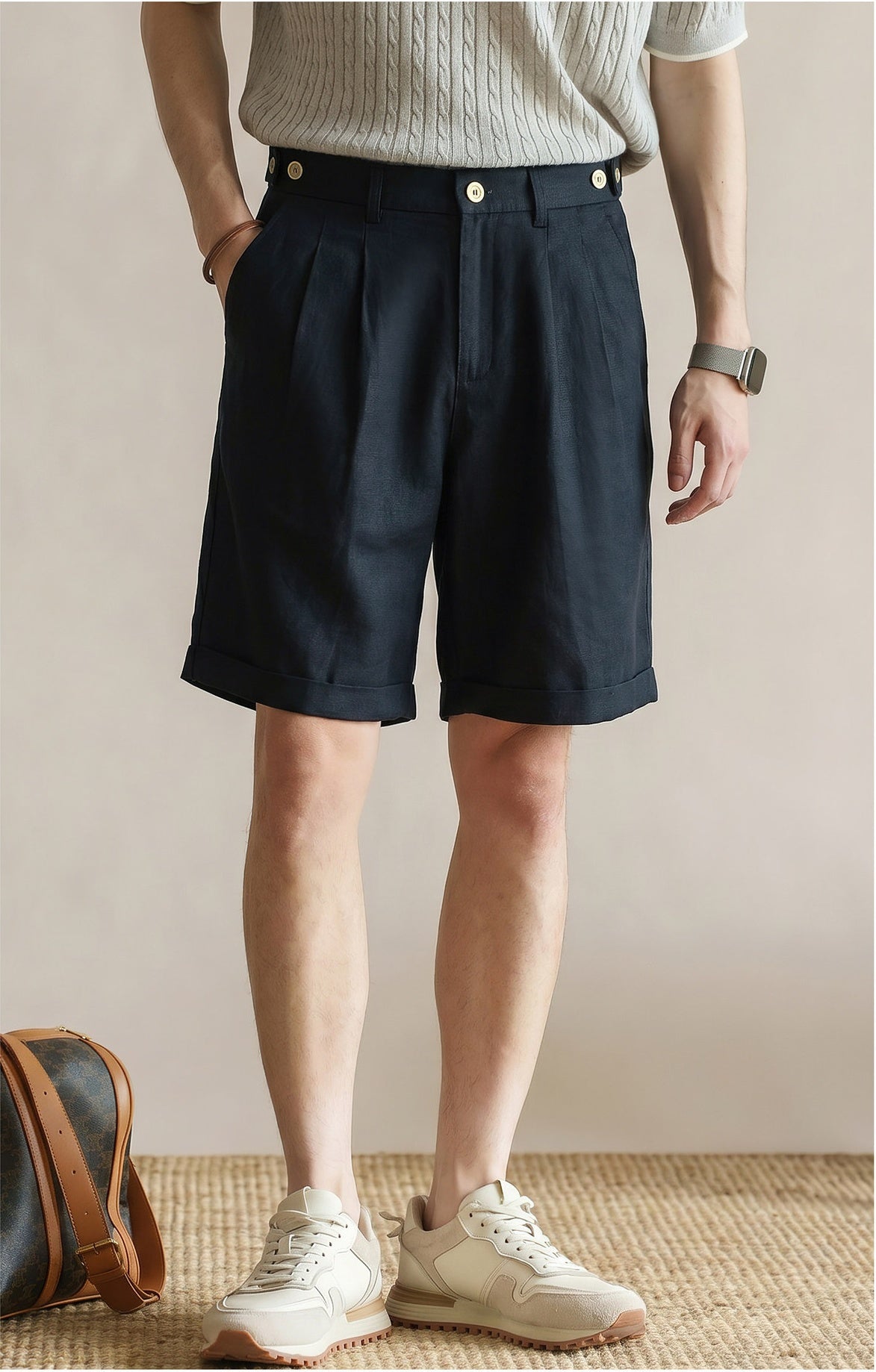 Men's Tailored 57% Lyocell - Linen Double-Pleated Shorts with Adjustable Waist - NAVYBLUE