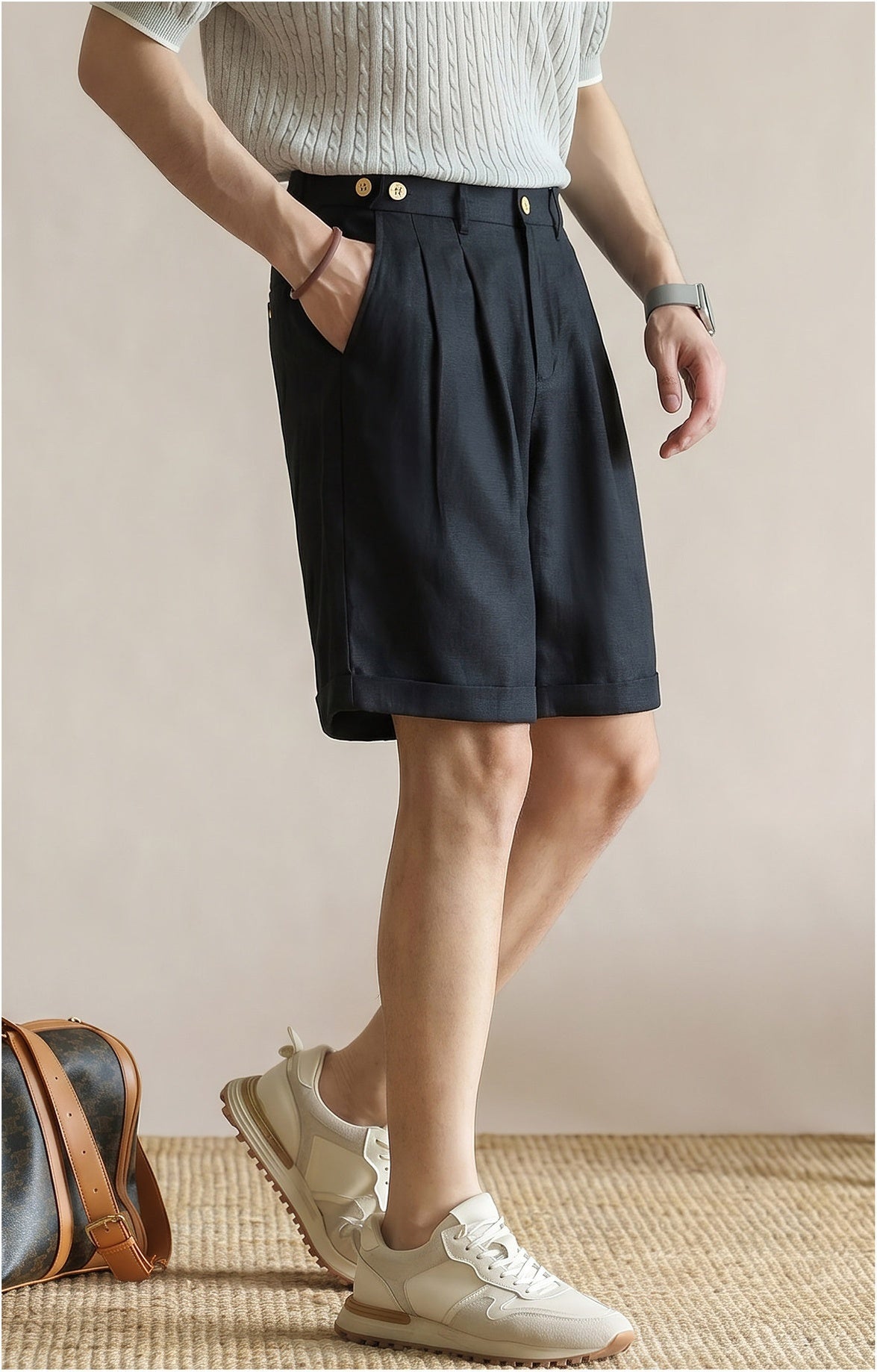 Men's Tailored 57% Lyocell - Linen Double-Pleated Shorts with Adjustable Waist - NAVYBLUE