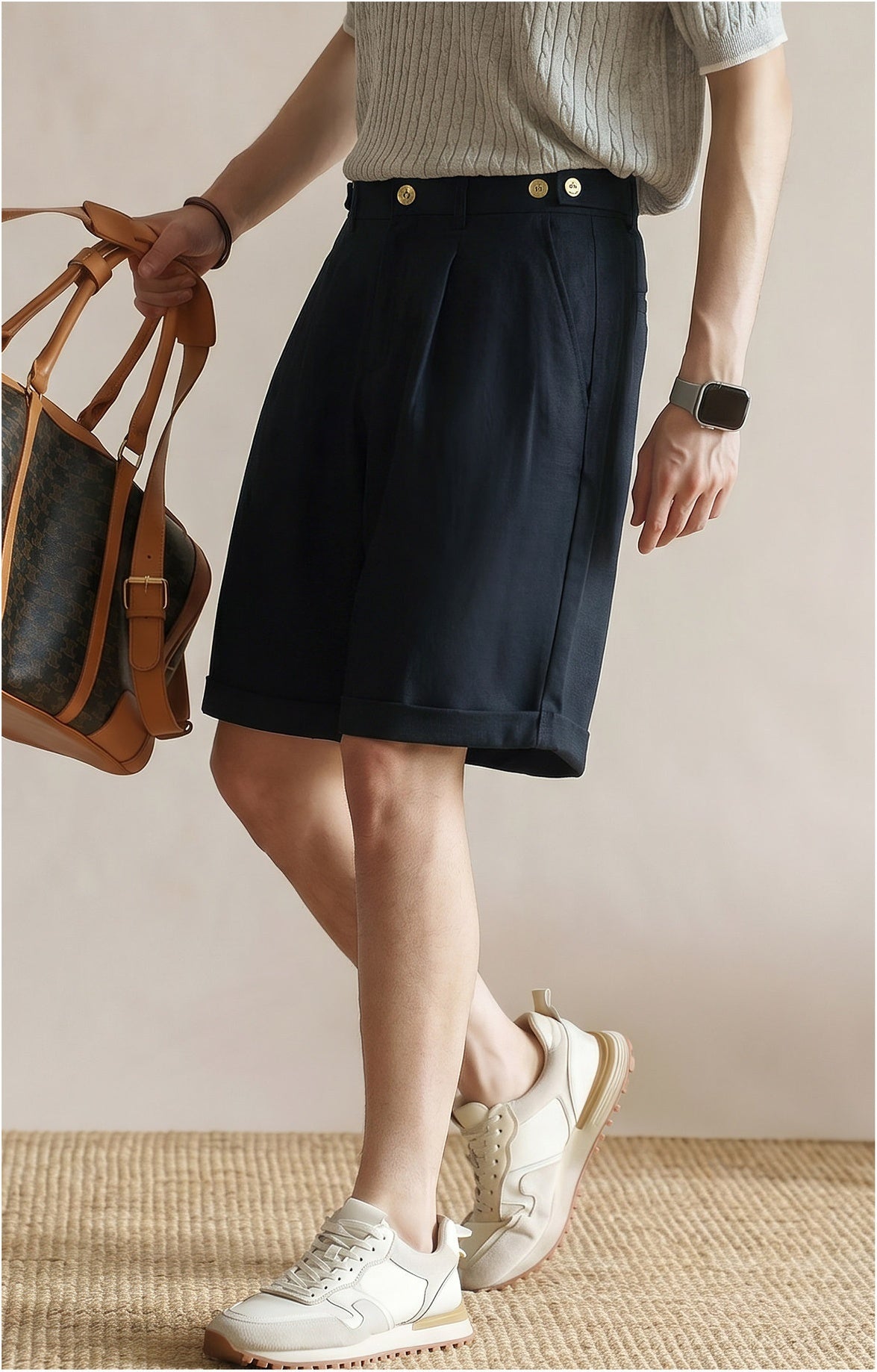 Men's Tailored 57% Lyocell - Linen Double-Pleated Shorts with Adjustable Waist - NAVYBLUE