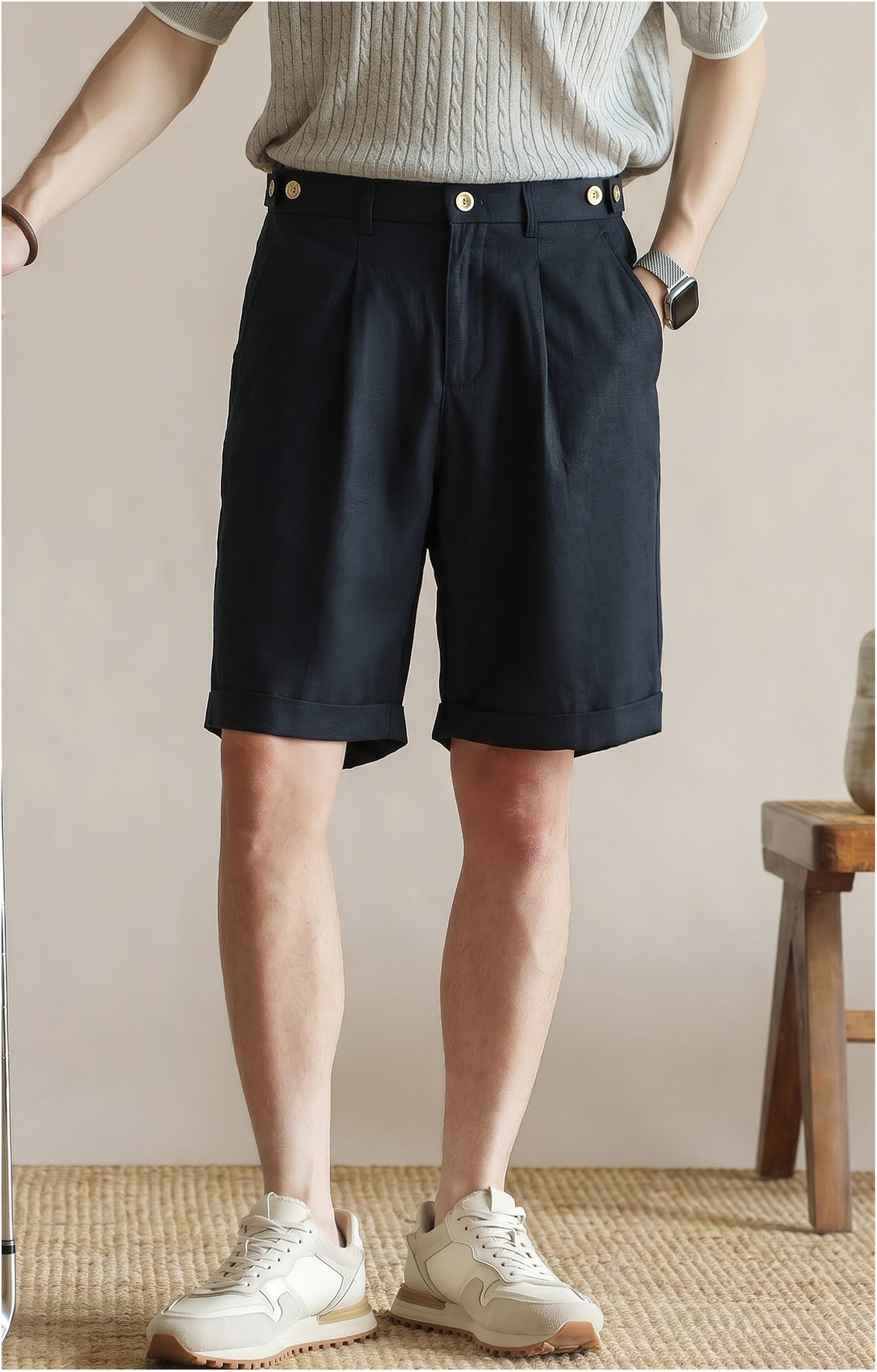 Men's Tailored 57% Lyocell - Linen Double-Pleated Shorts with Adjustable Waist - NAVYBLUE