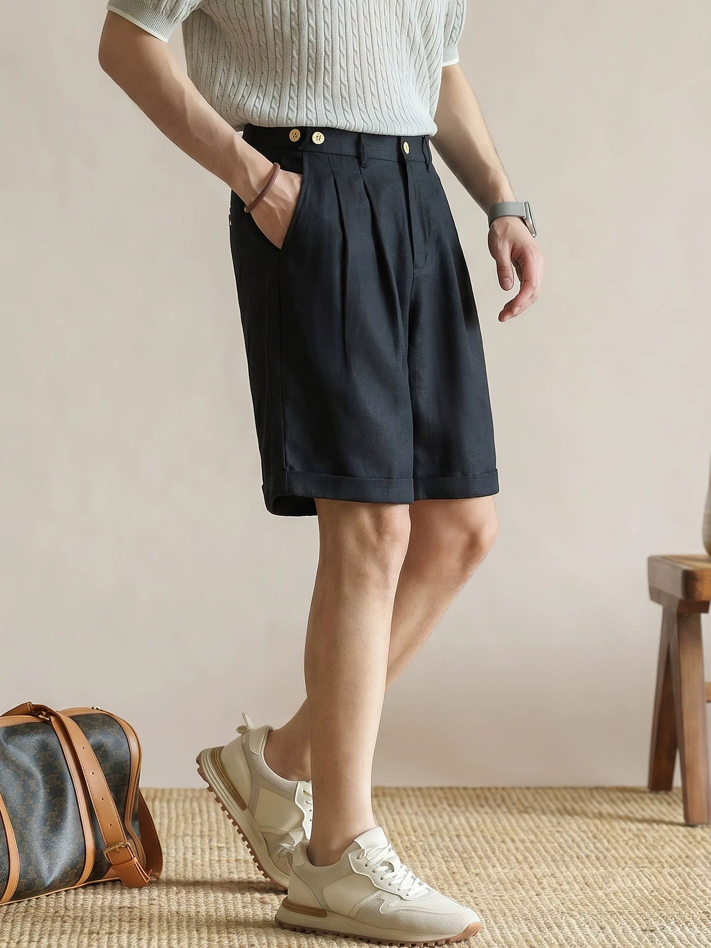 Men's Tailored 57% Lyocell - Linen Double-Pleated Shorts with Adjustable Waist - NAVYBLUE