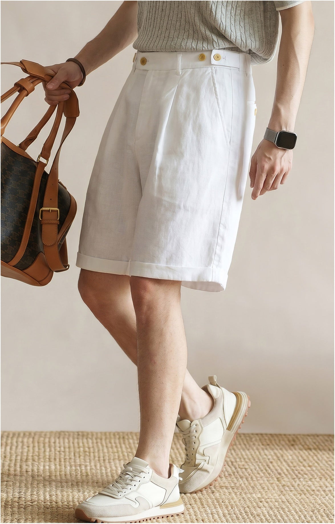 Men's Tailored 57% Lyocell - Linen Double-Pleated Shorts with Adjustable Waist - WHITE