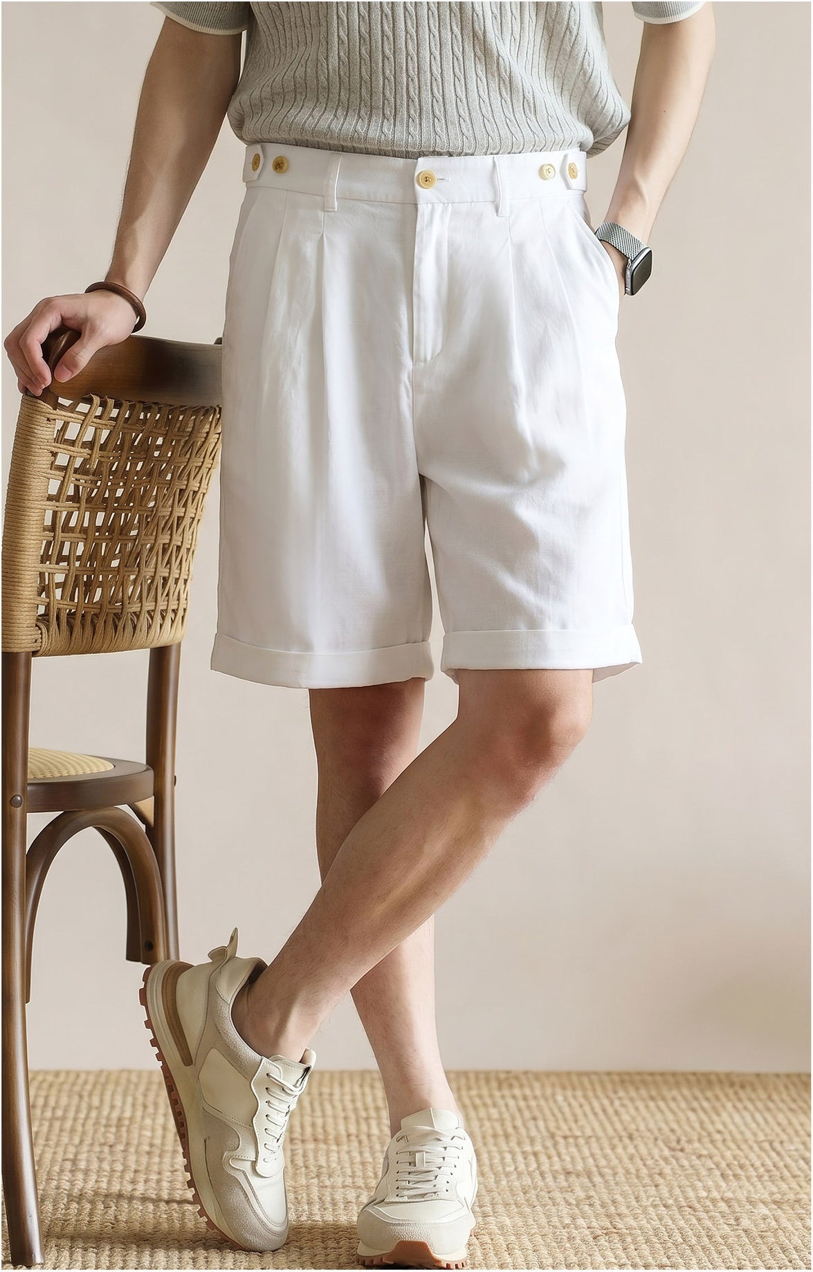 Men's Tailored 57% Lyocell - Linen Double-Pleated Shorts with Adjustable Waist - WHITE