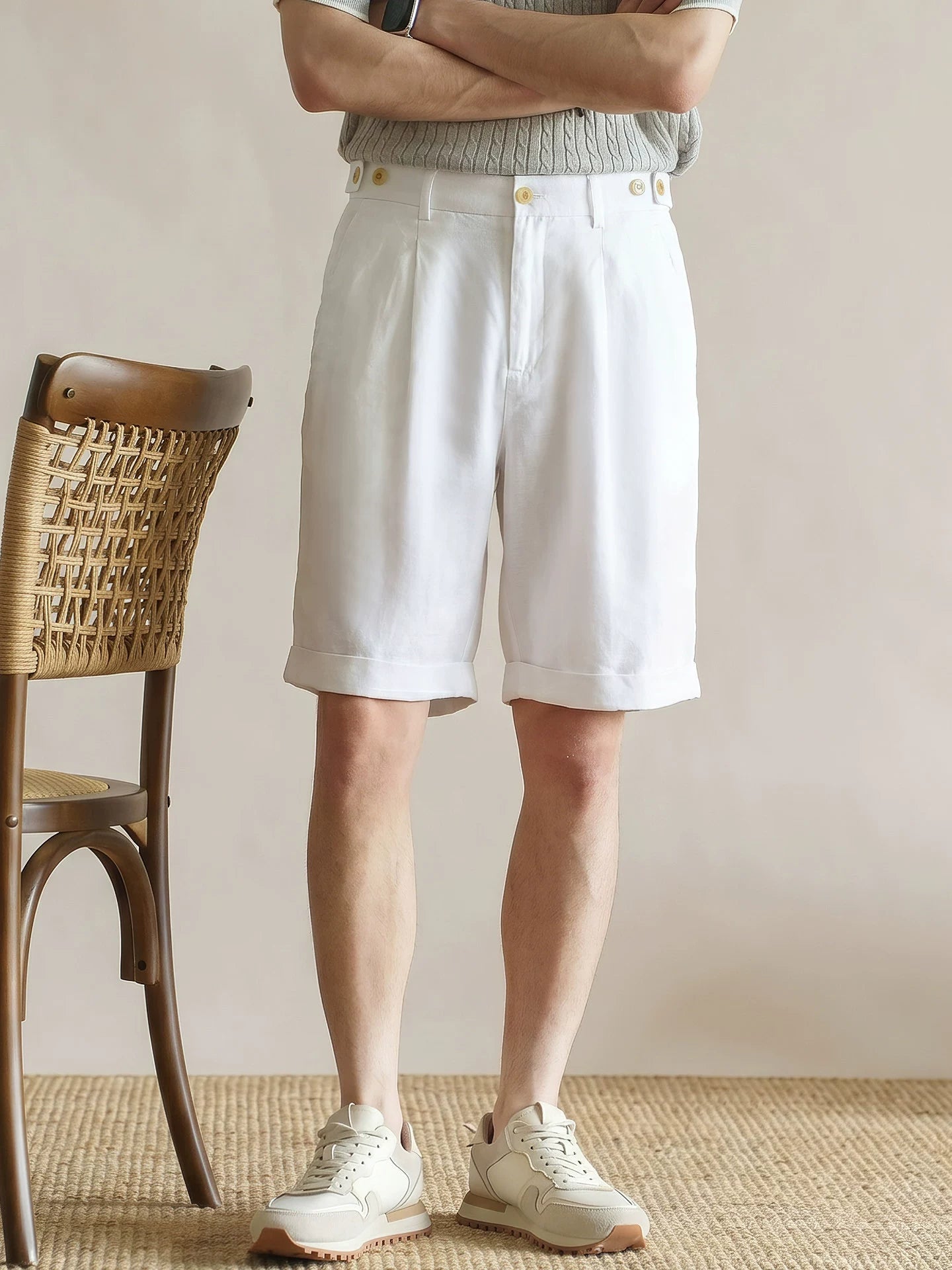 Men's Tailored 57% Lyocell - Linen Double-Pleated Shorts with Adjustable Waist - WHITE