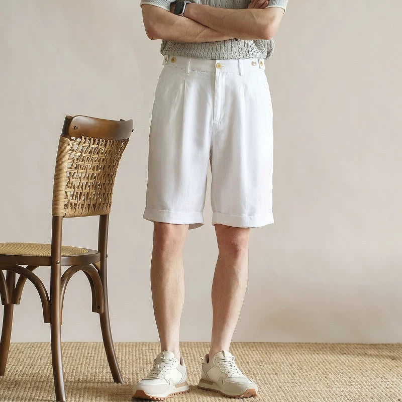 Men's Tailored 57% Lyocell - Linen Double-Pleated Shorts with Adjustable Waist - WHITE