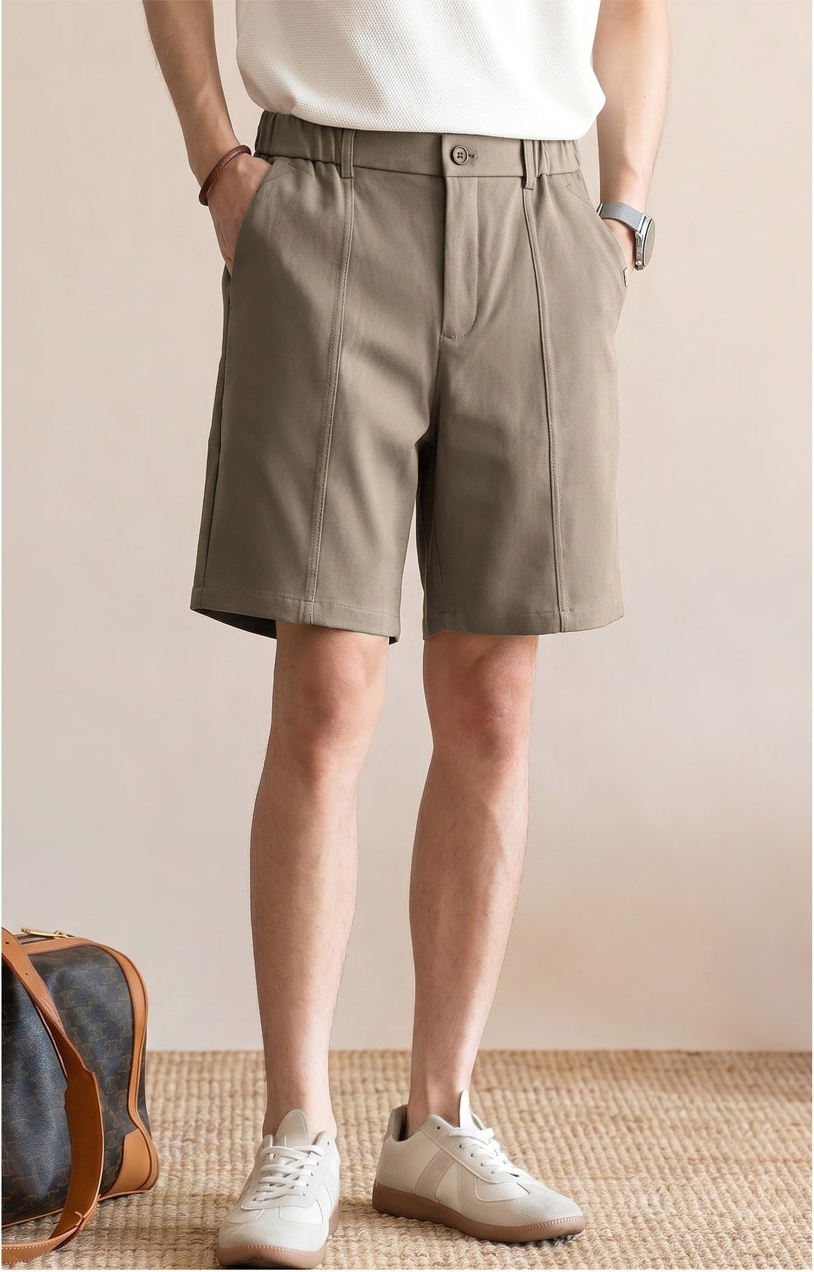 Men's Summer Japanese Style Cooling Casual Shorts - Knee-length with Half-Elastic Waist - KHAKI