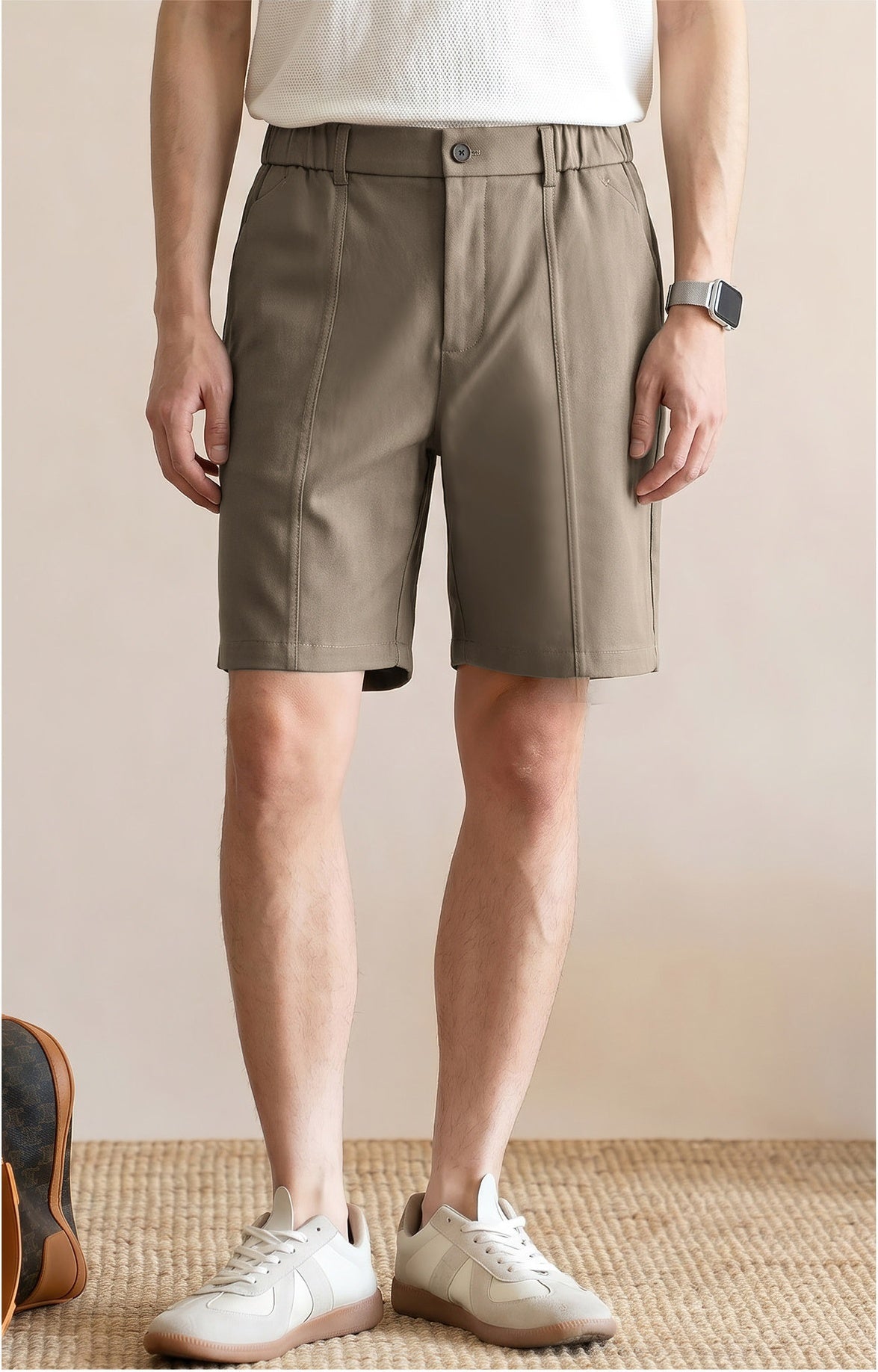Men's Summer Japanese Style Cooling Casual Shorts - Knee-length with Half-Elastic Waist - KHAKI