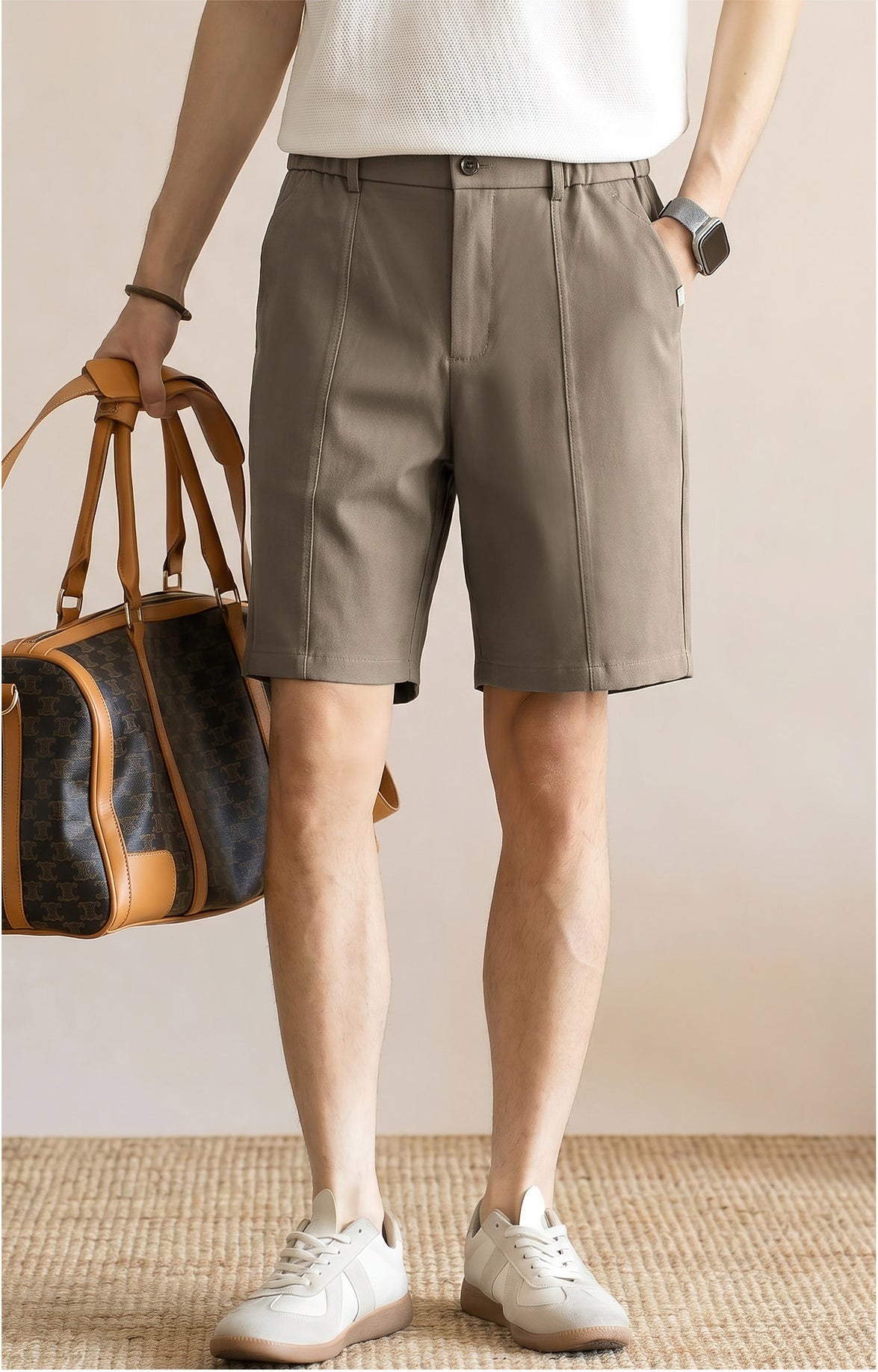 Men's Summer Japanese Style Cooling Casual Shorts - Knee-length with Half-Elastic Waist - KHAKI