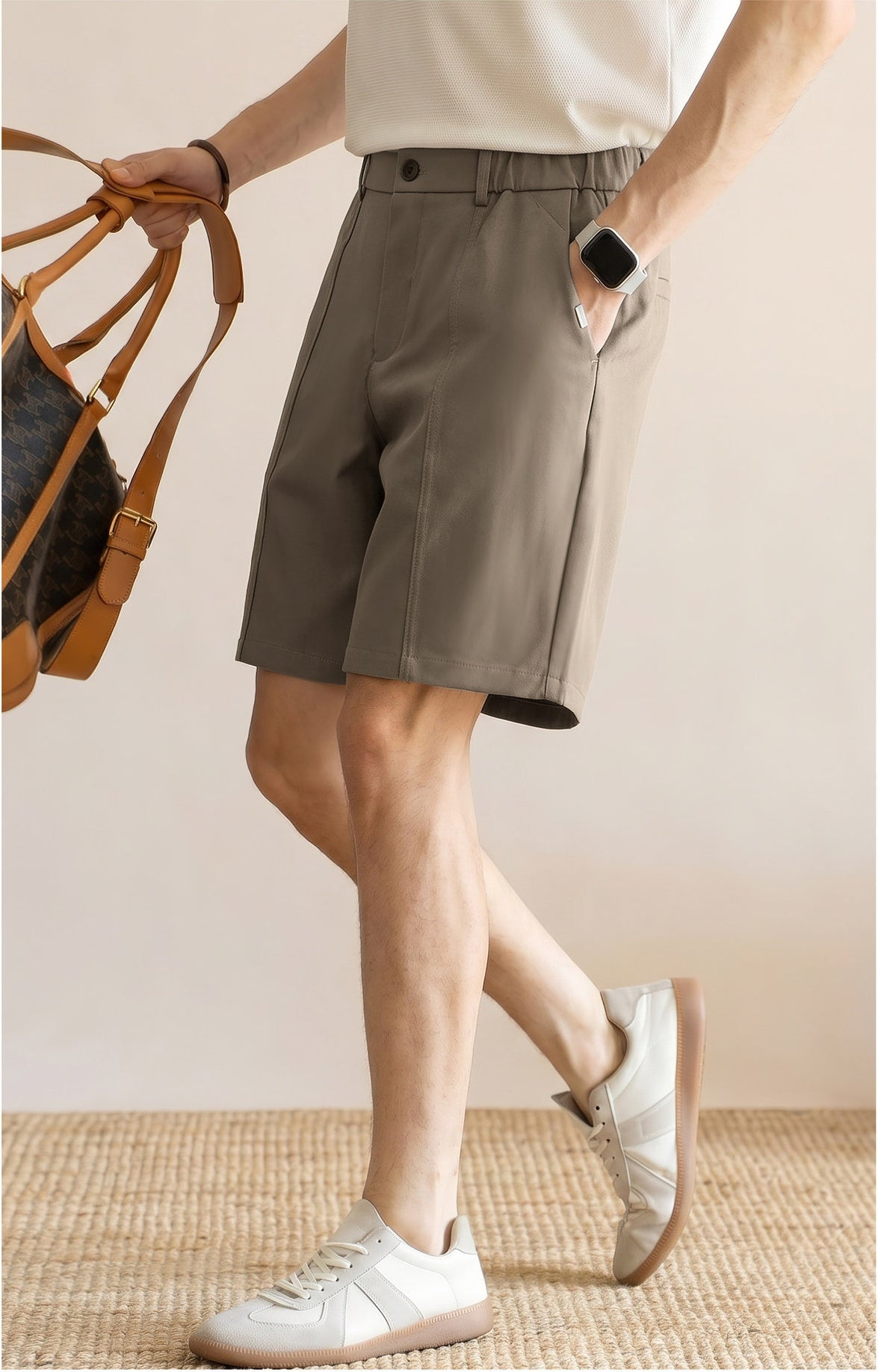 Men's Summer Japanese Style Cooling Casual Shorts - Knee-length with Half-Elastic Waist - KHAKI