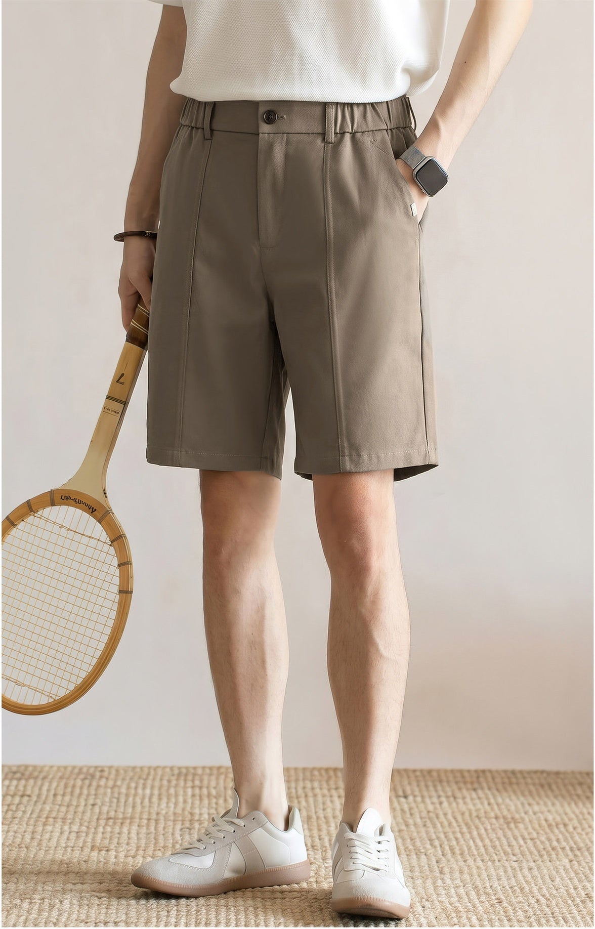 Men's Summer Japanese Style Cooling Casual Shorts - Knee-length with Half-Elastic Waist - KHAKI