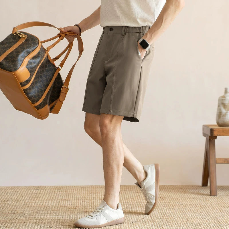 Men's Summer Japanese Style Cooling Casual Shorts - Knee-length with Half-Elastic Waist - KHAKI