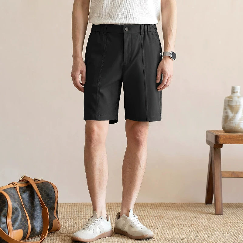 Men's Summer Japanese Style Cooling Casual Shorts - Knee-length with Half-Elastic Waist - BLACK