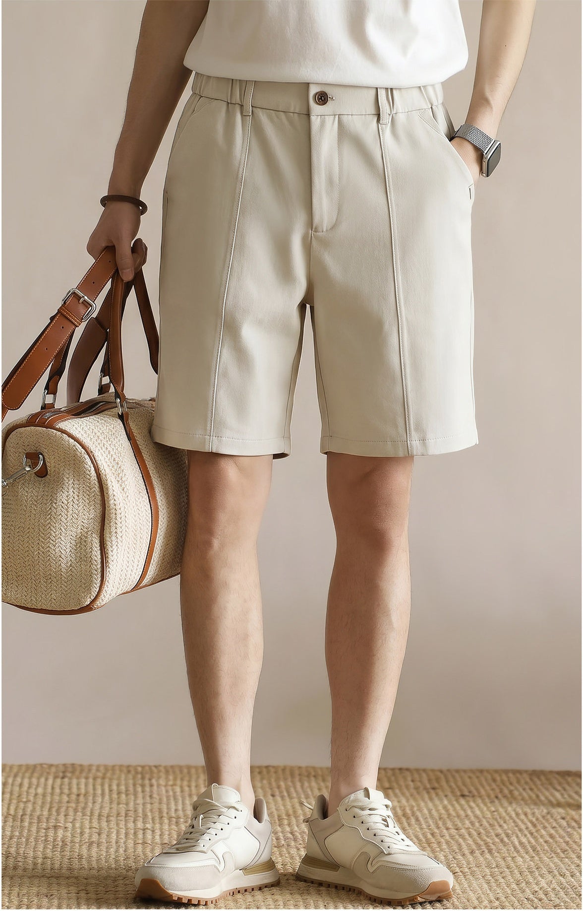 Men's Summer Japanese Style Cooling Casual Shorts - Knee-length with Half-Elastic Waist - APRICOT