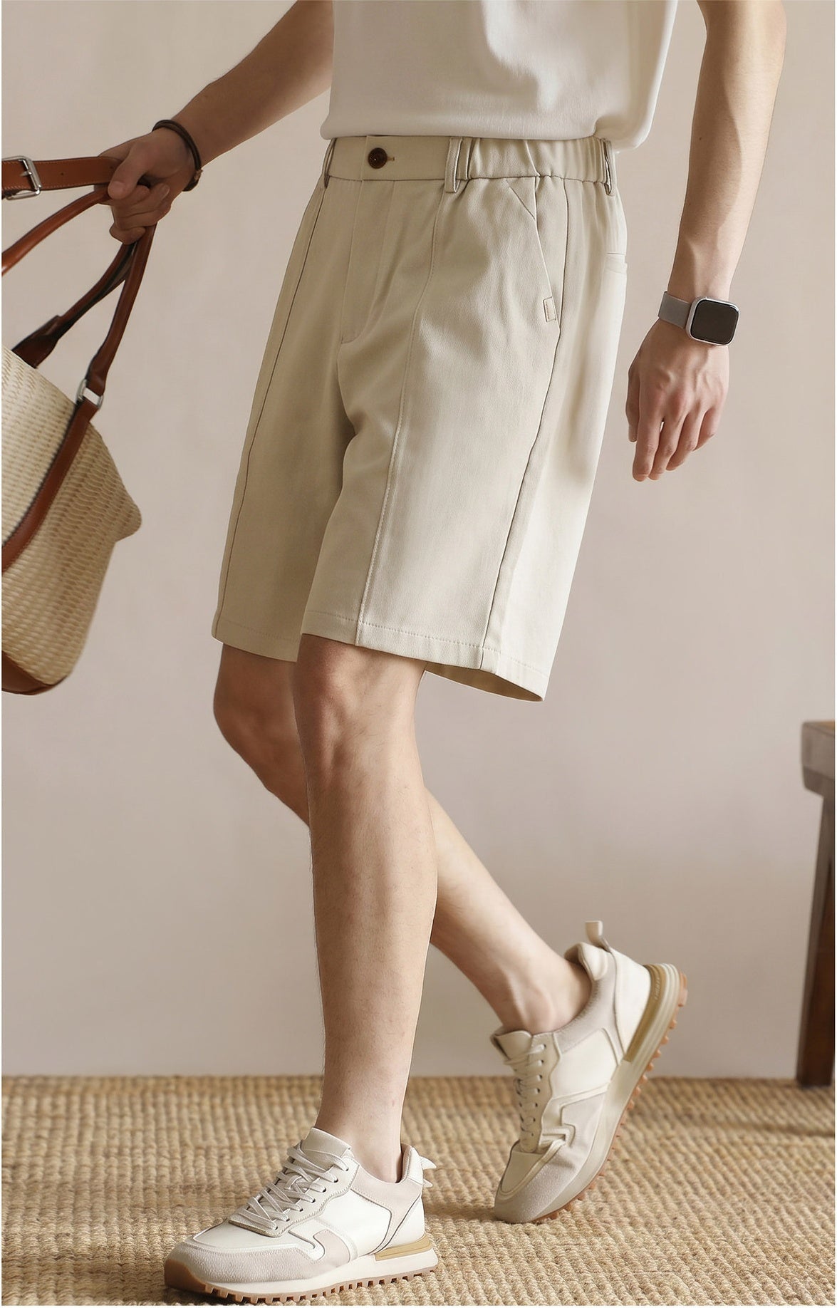 Men's Summer Japanese Style Cooling Casual Shorts - Knee-length with Half-Elastic Waist - APRICOT