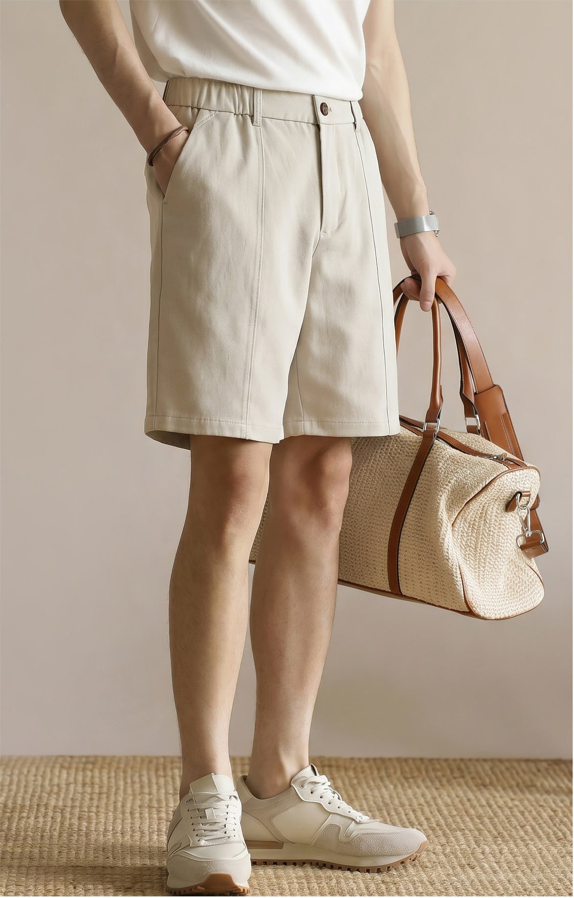 Men's Summer Japanese Style Cooling Casual Shorts - Knee-length with Half-Elastic Waist - APRICOT